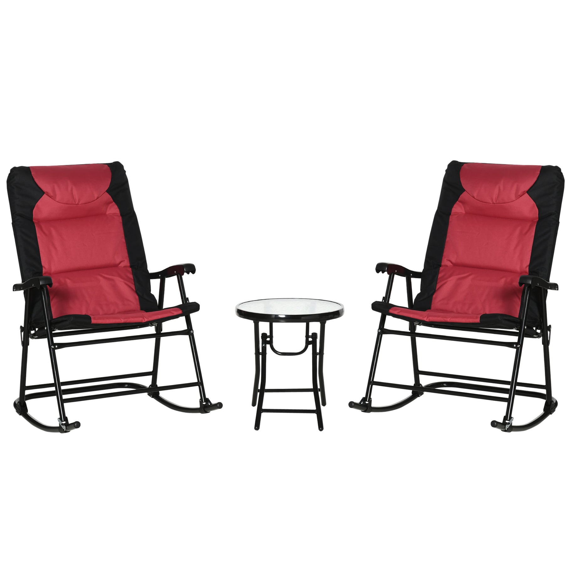 3 Piece Outdoor Patio Furniture Set with Glass Coffee Table & 2 Folding Padded Rocking Chairs, Bistro Style for Porch, Camping, Balcony, Red--1