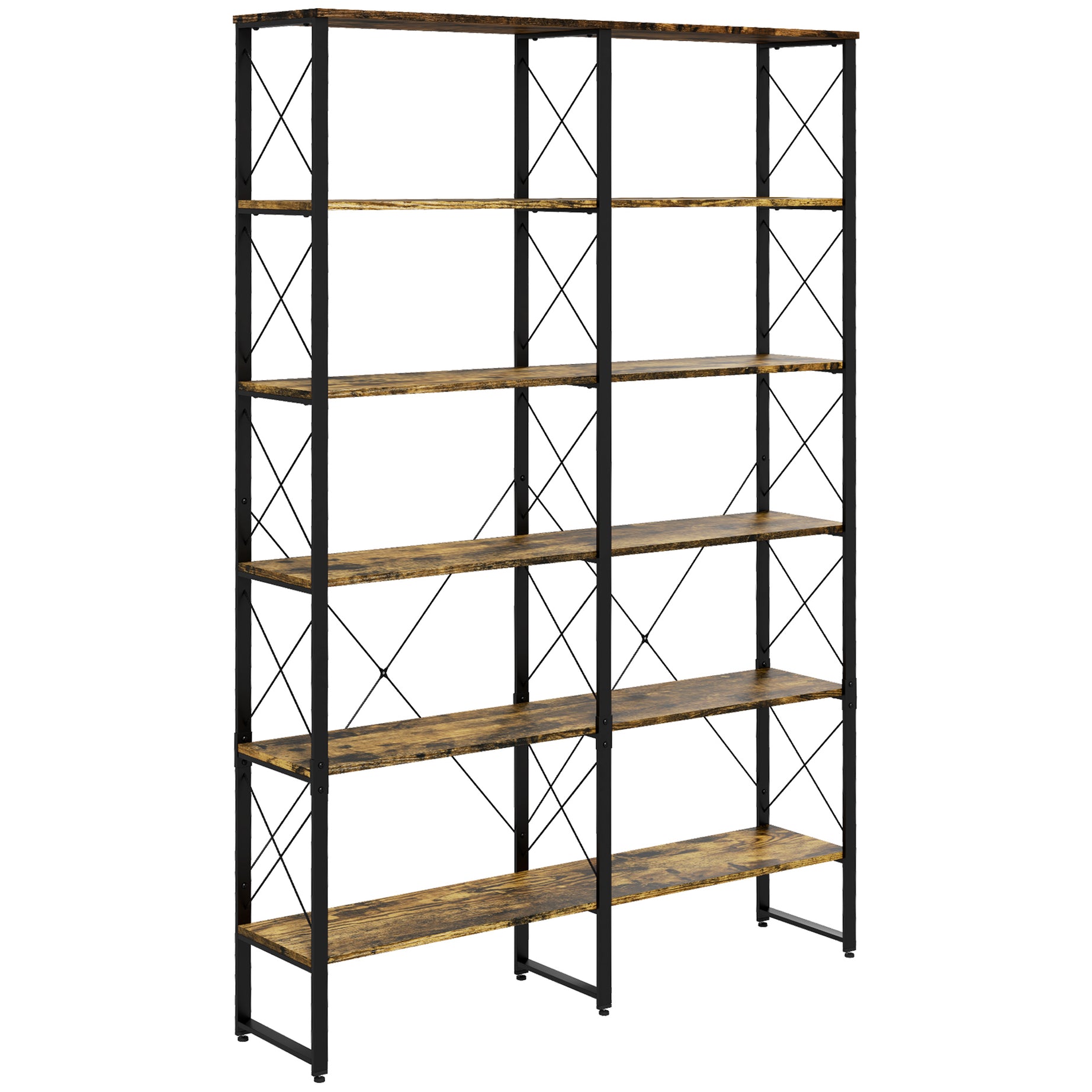 5-tier Bookshelf with Steel Frame, Bookcase with Adjustable Foot Pads for Living Room, Home Office, Rustic Brown--1