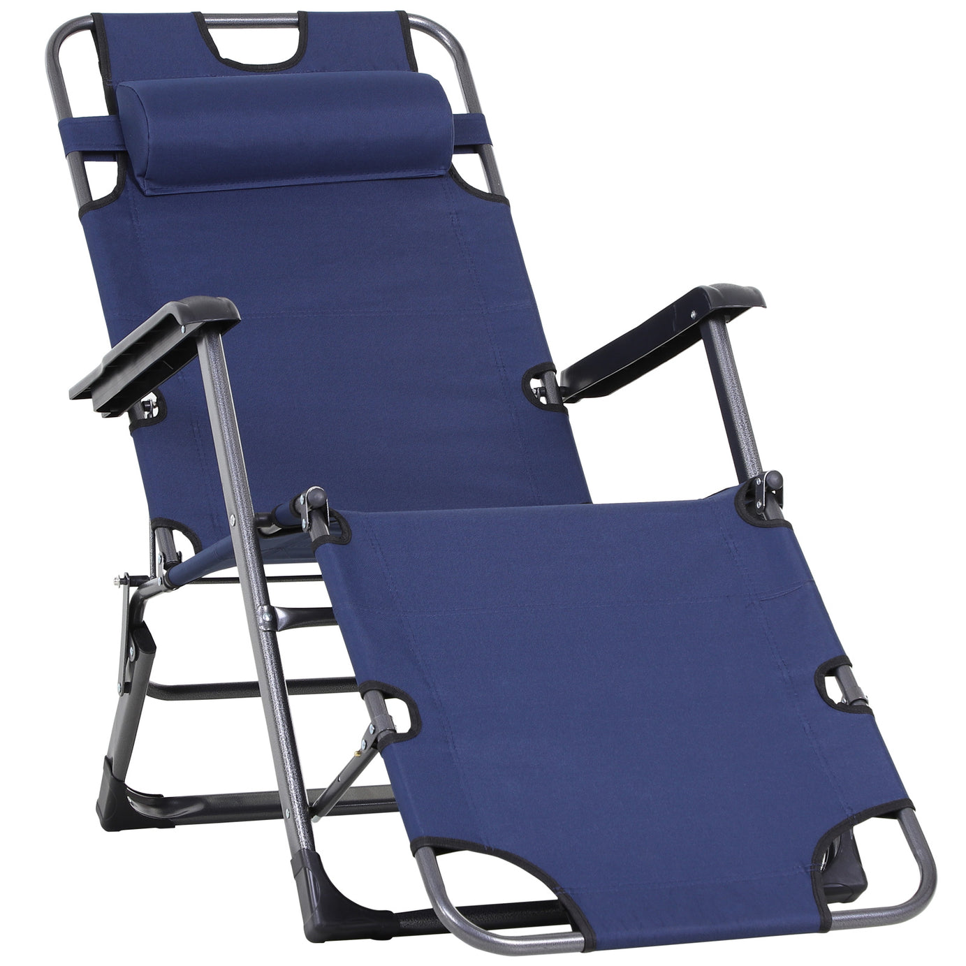 Tanning Chair, 2-in-1 Beach Lounge Chair & Camping Chair w/ Pillow & Pocket, Adjustable Chaise for Sunbathing Outside, Patio, Poolside, Navy--1