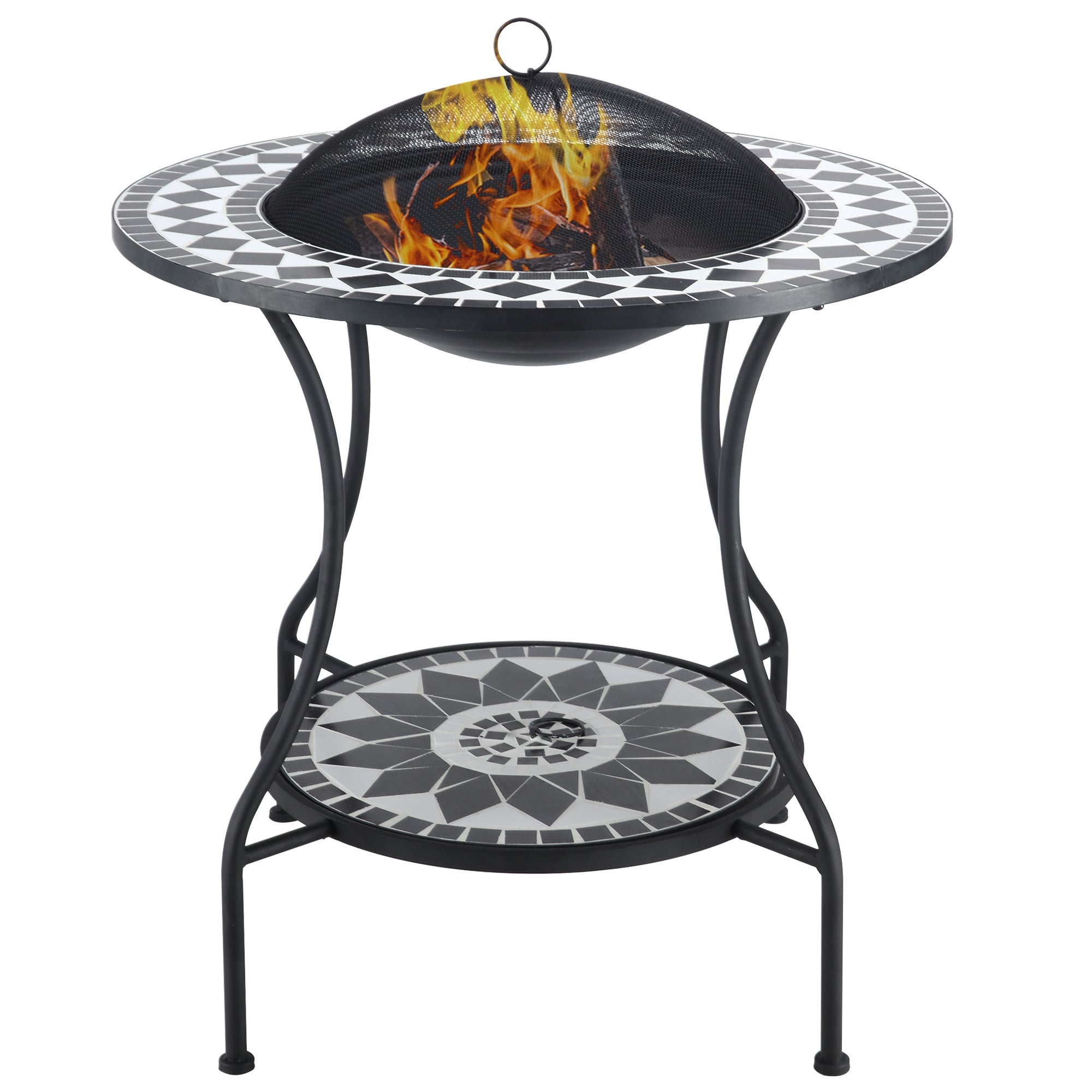 30" Outdoor Fire Pit Dining Table, 3-in-1 Round Wood Burning Fire Pit Bowl, Patio Ice Bucket with Storage Shelf, Spark Screen Cover for BBQ, Bonfire, Camping, Mosaic--1