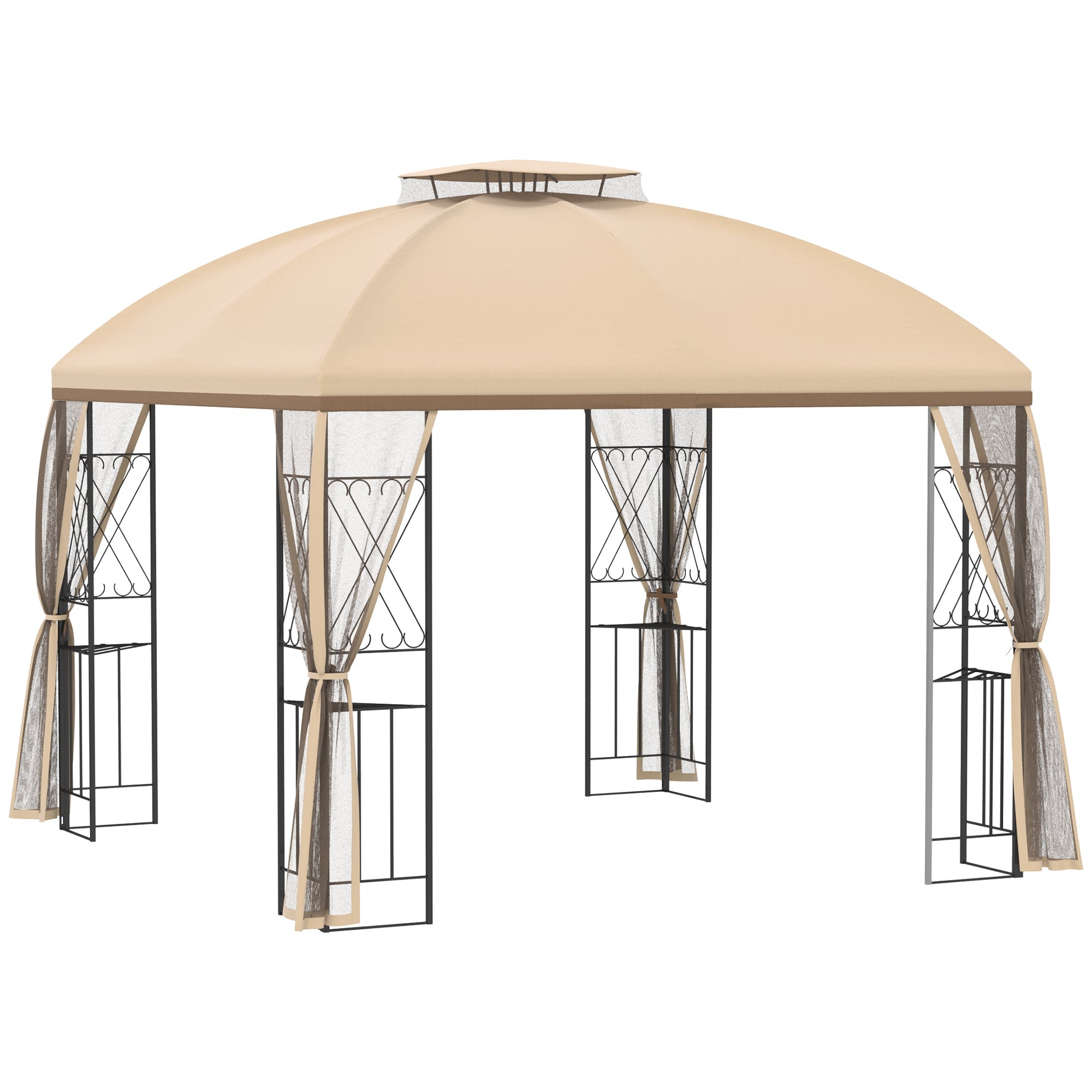 10' x 10' Patio Gazebo with Corner Shelves, Double Roof Outdoor Gazebo Canopy Shelter with Removable Mesh Netting, for Garden, Lawn, Backyard and Deck, Beige--1