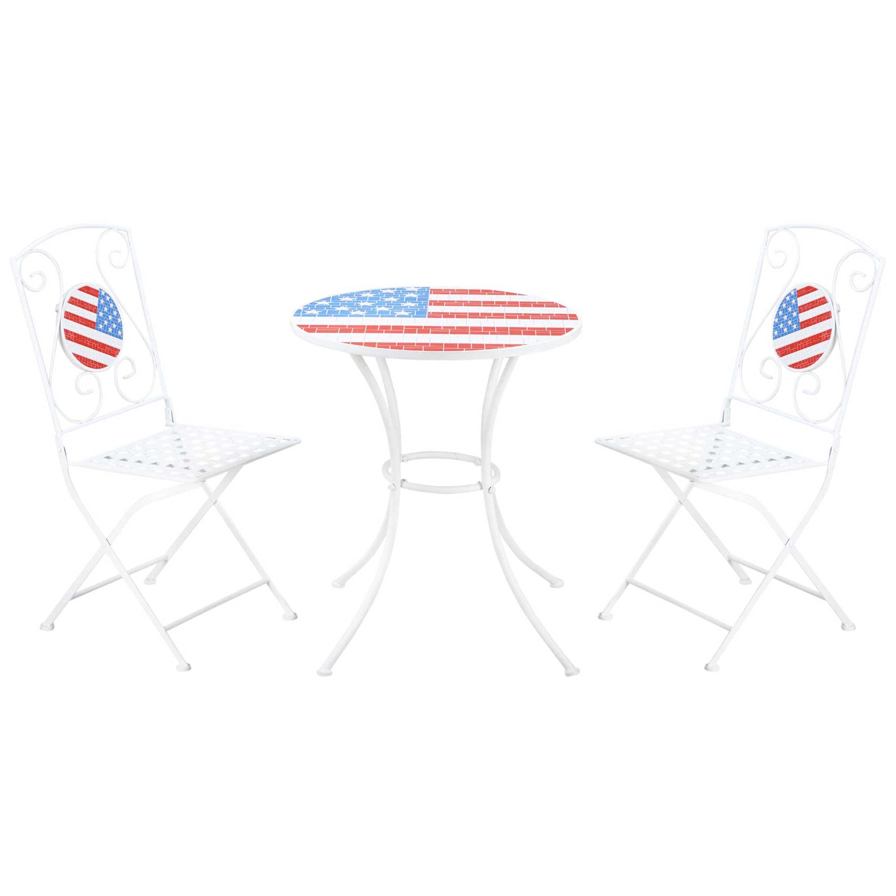 3 Piece Patio Bistro Set, Folding Outdoor Furniture with USA Mosaic Table and Chairs, 
Portable Metal Frames for 4th of July, Balcony, Backyard, Poolside, Porch, American Flag--1