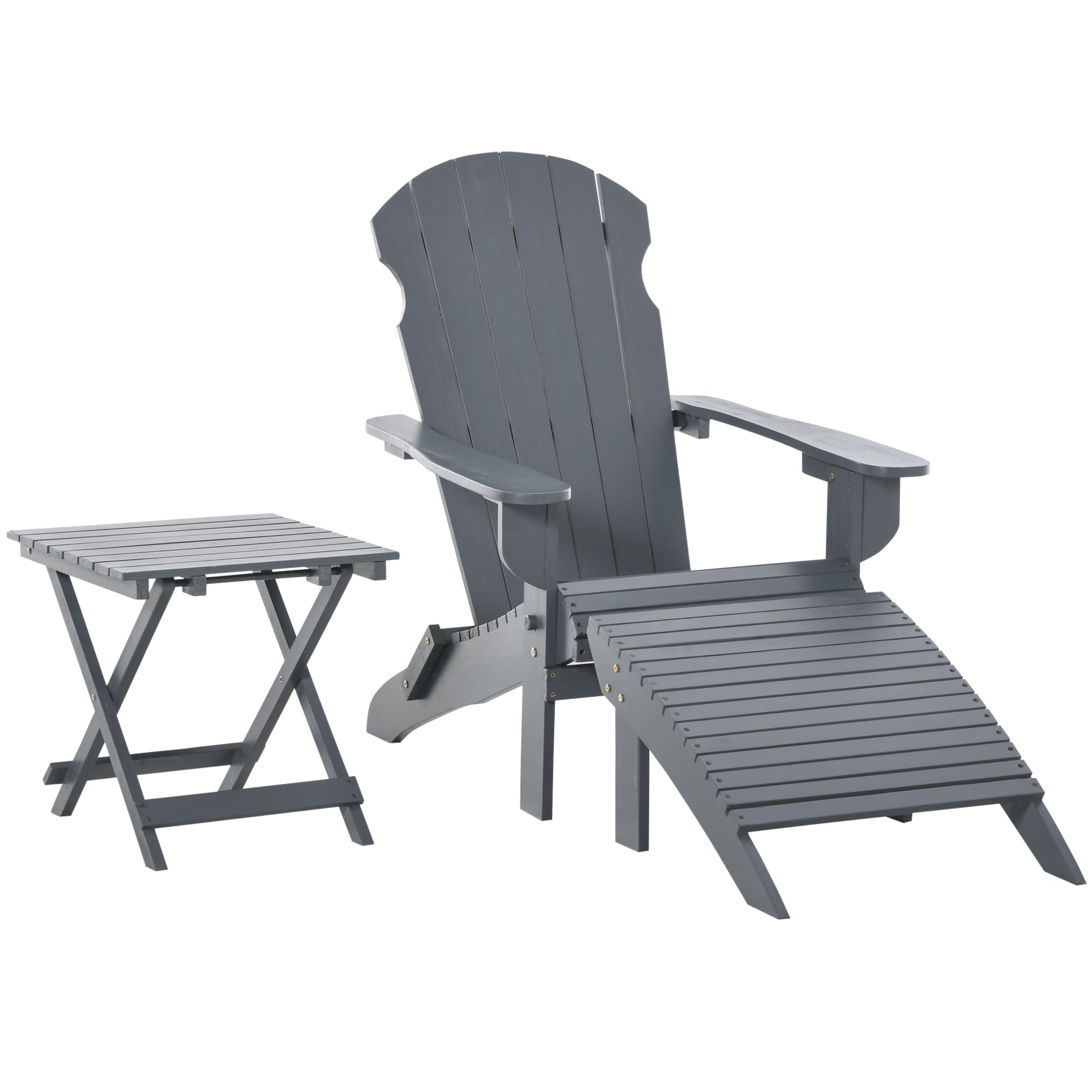 3-Piece Folding Adirondack Chair with Ottoman and Side Table, Outdoor Wooden Fire Pit Chairs w/ High-back, Wide Armrests for Patio, Backyard, Garden, Lawn Furniture, Gray--1