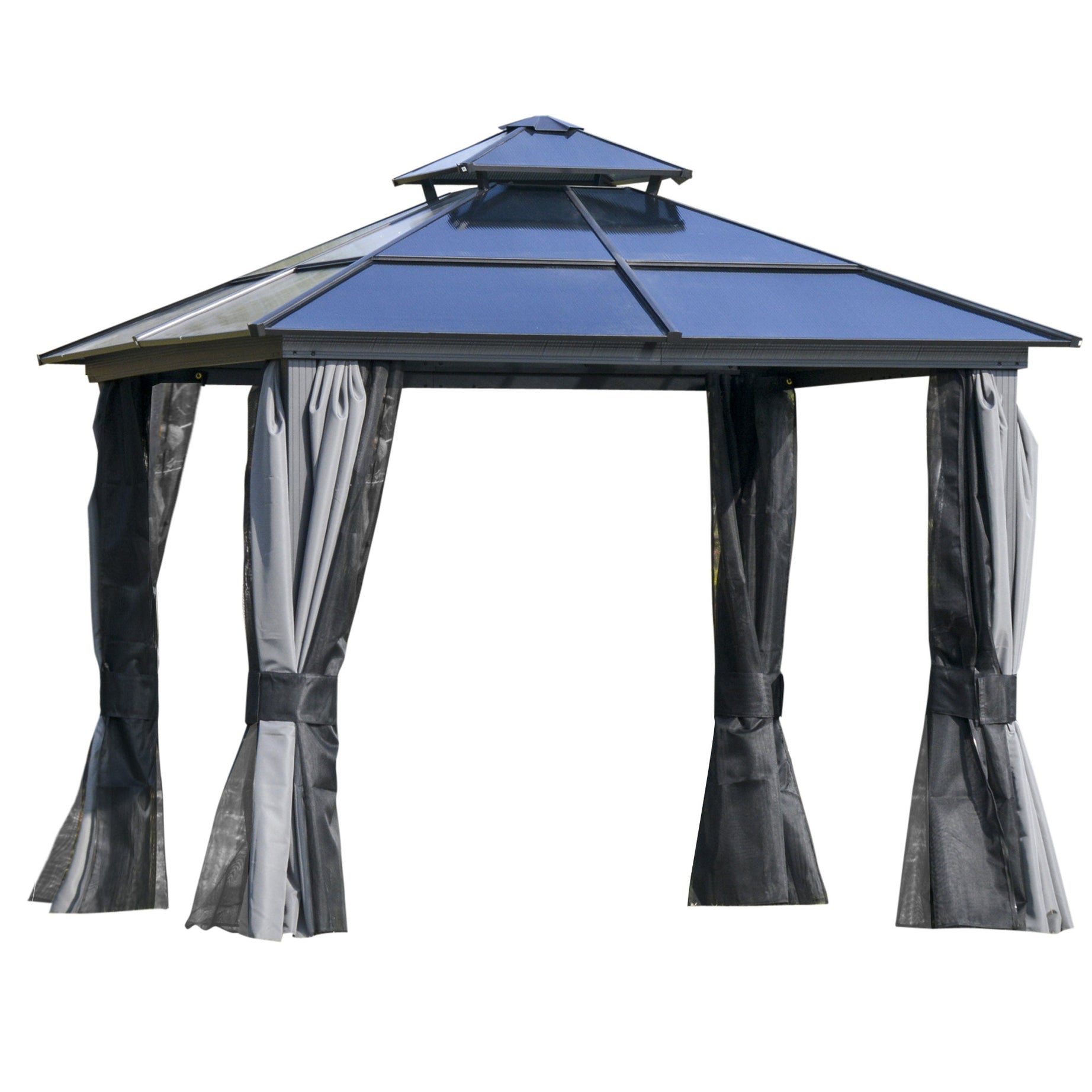 10' x 10' Hardtop Gazebo Canopy with Polycarbonate Double Roof, Aluminum Frame, Permanent Pavilion Outdoor Gazebo with Netting and Curtains for Patio, Garden, Backyard, Deck, Lawn, Gray--1