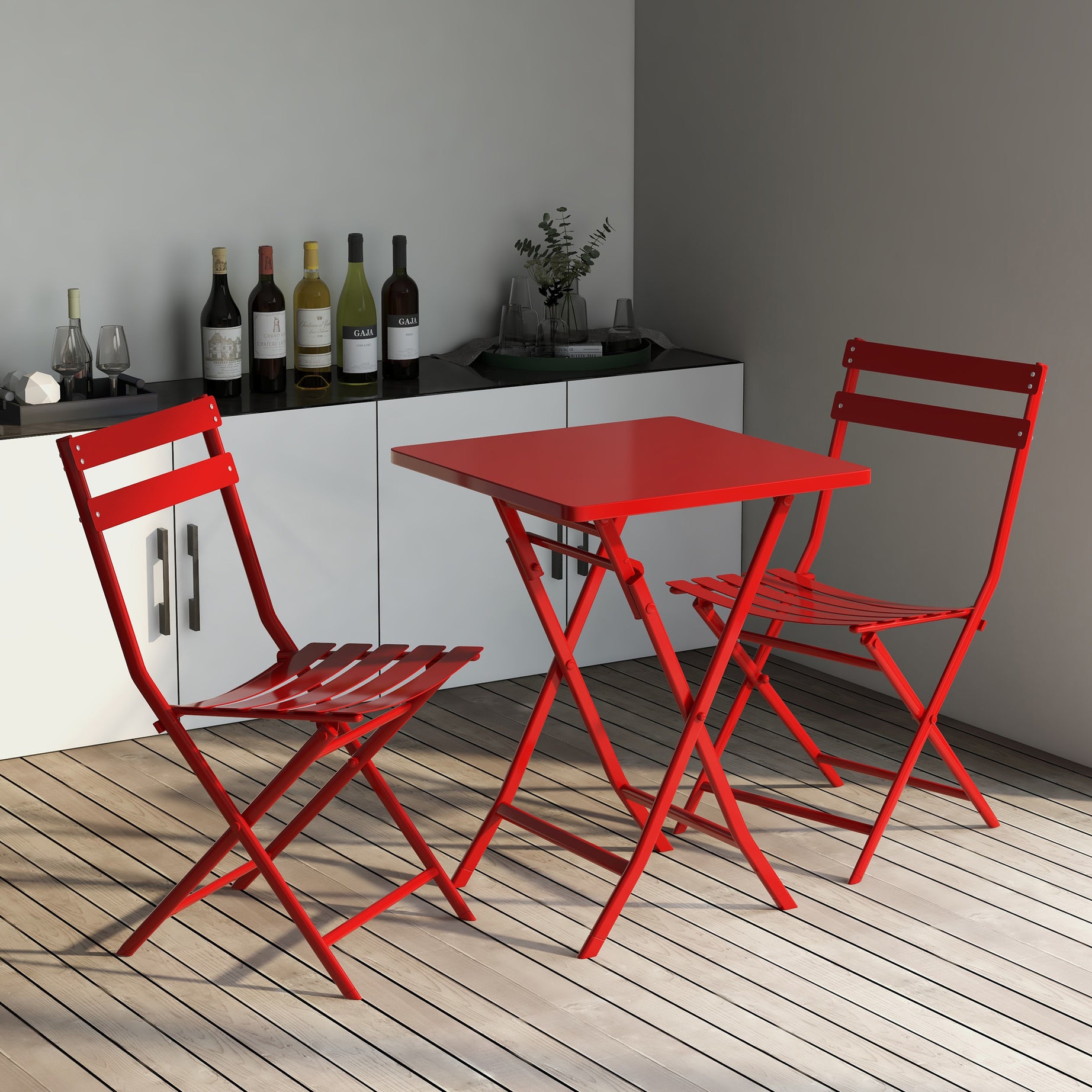 3 Piece Patio Bistro Set of Foldable Square Table and Chairs, Red--1