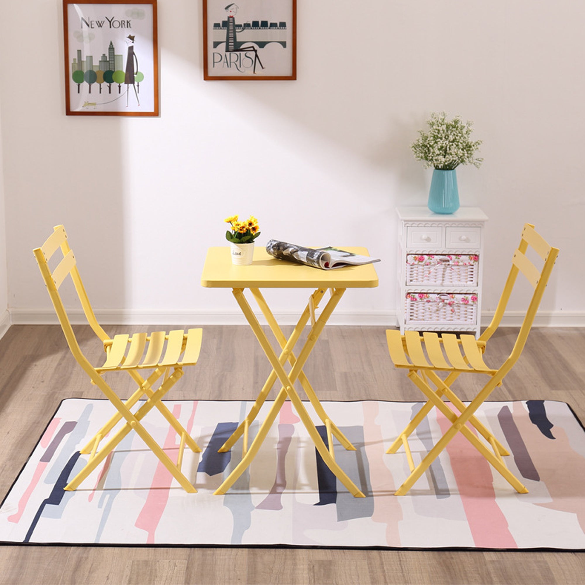 3 Piece Patio Bistro Set of Foldable Square Table and Chairs, Yellow--1