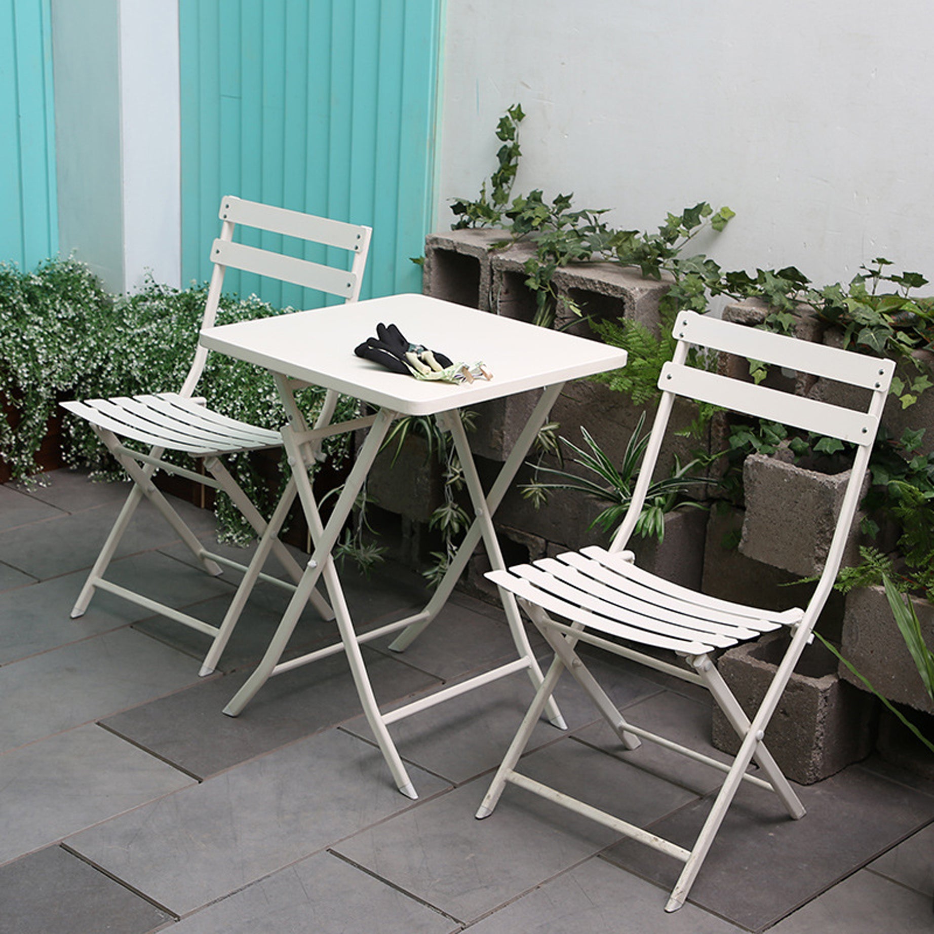 3 Piece Patio Bistro Set of Foldable Square Table and Chairs, White--1