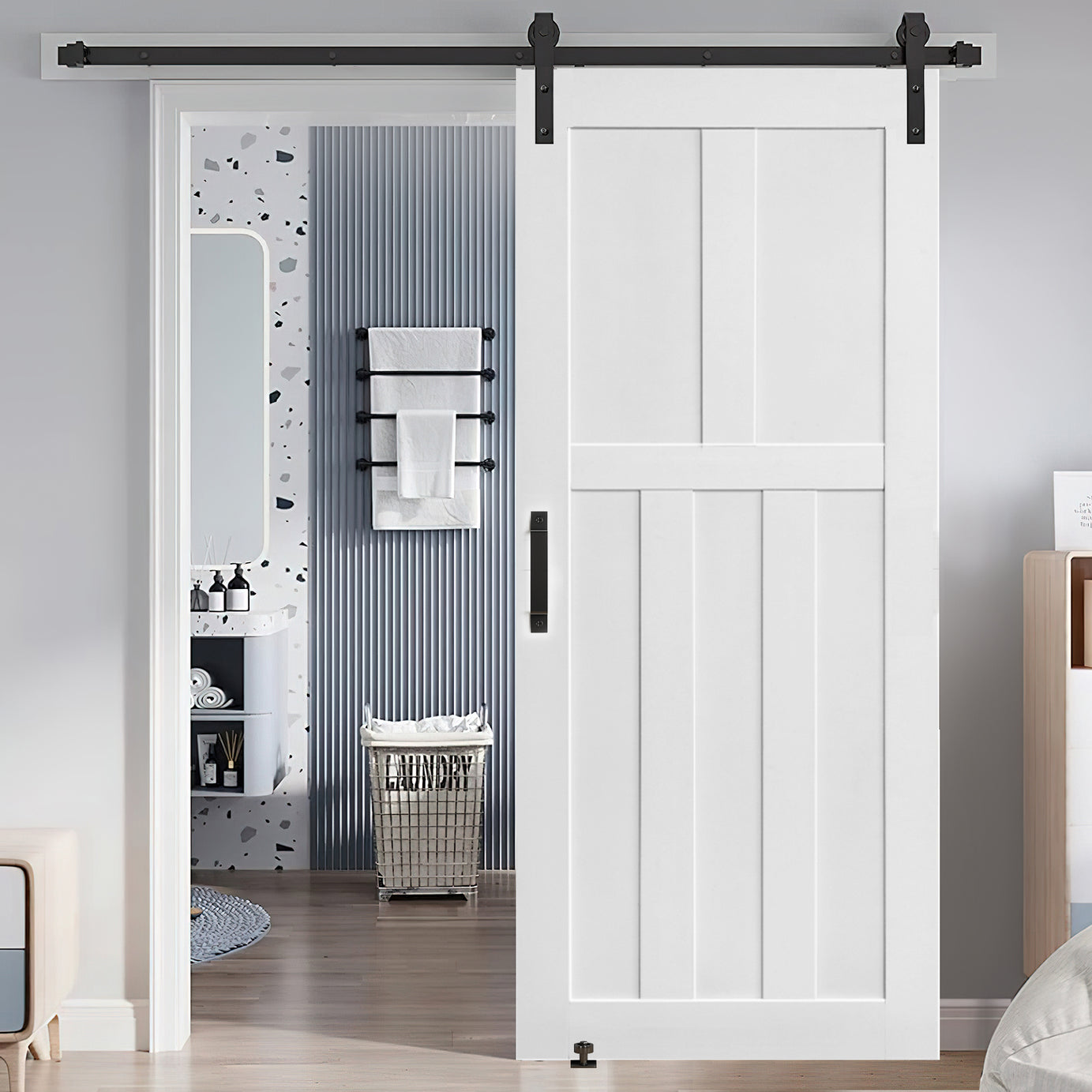 CRAZY ELF 28" x 80" Five Panel Real Primed Door Slab + 6.6FT Barn Door Sliding Hardware + Adjustable Floor Guider + Pull Handle, DIY Unfinished Paneled Door, Modern Interior Barn Door, Moisture-proof--1