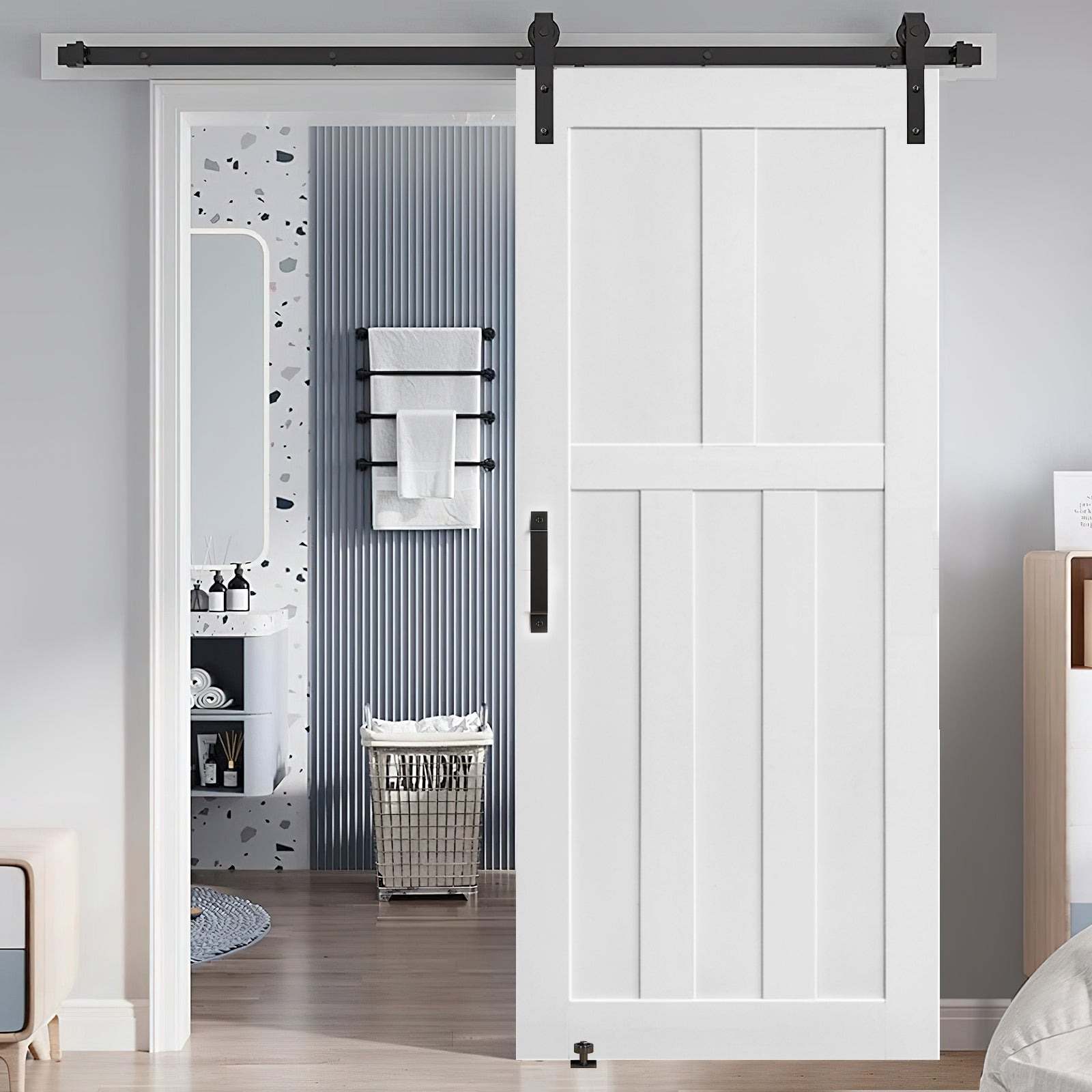 CRAZY ELF 32" x 84" Five Panel Real Primed Door Slab + 6.6FT Barn Door Sliding Hardware + Adjustable Floor Guider + Pull Handle, DIY Unfinished Paneled Door, Modern Interior Barn Door, Moisture-proof--1