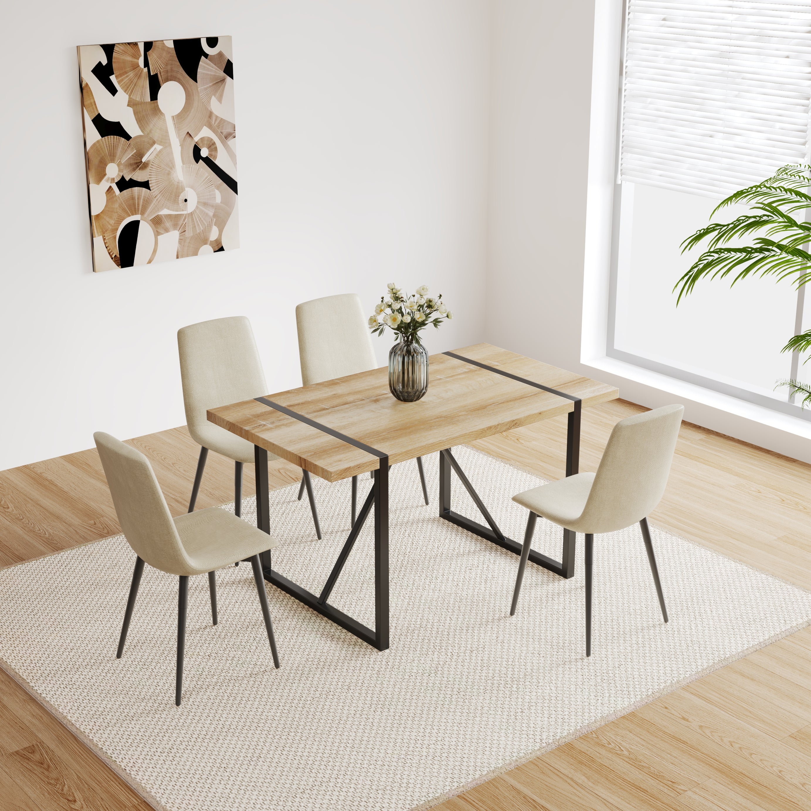 MDF Wood Colour Dining Table and Modern Dining Chairs Set of 4, Mid Century Wooden Kitchen Table Set, Metal Base & Legs, Dining Room Table and Linen Chairs--1