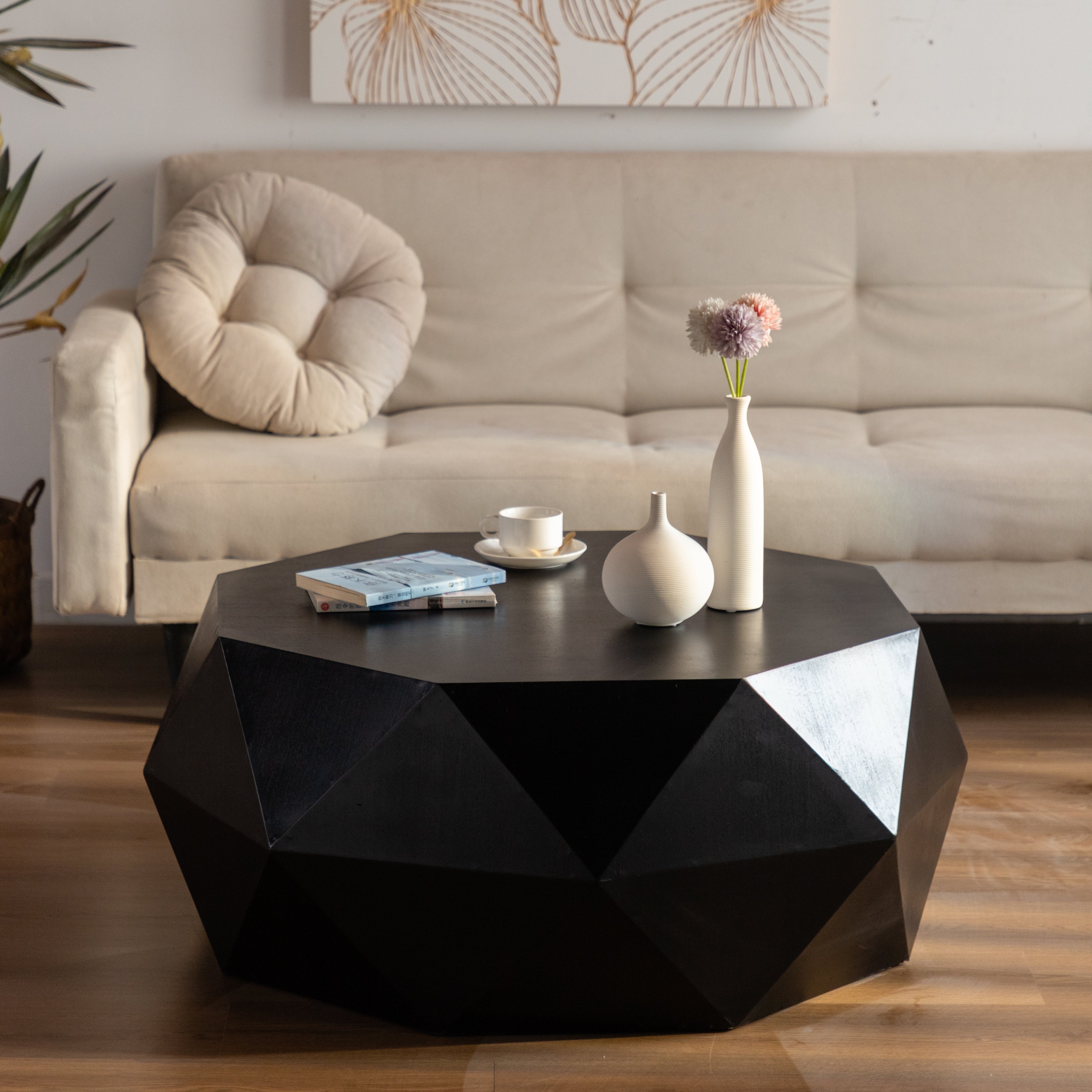 38"Three-dimensional Embossed Pattern Design American Retro Style Coffee Table,Black Tabletop--1