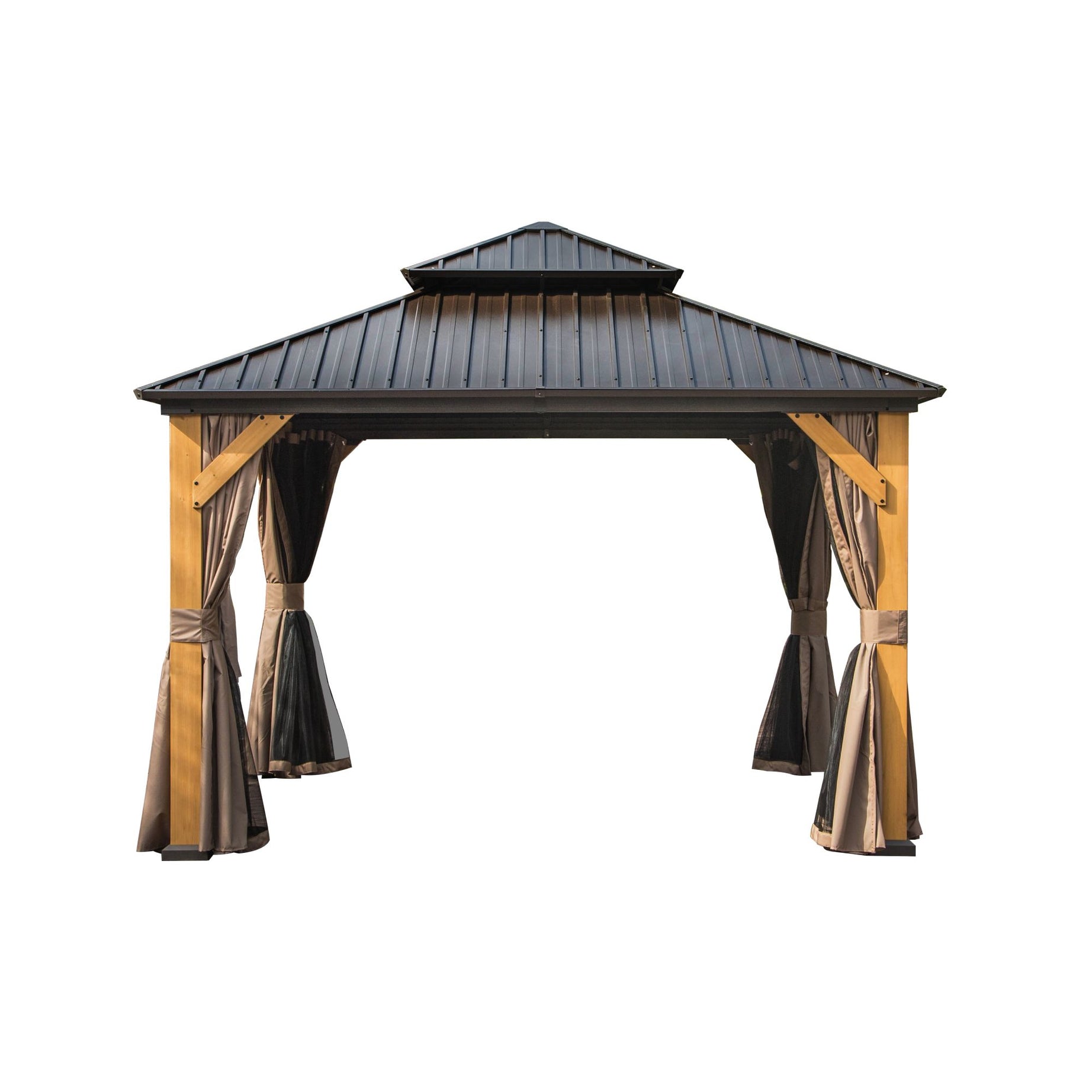 12'x12' Hardtop Gazebo, Outdoor Cedar Wood Frame Canopy with Galvanized Steel Double Roof, Outdoor Permanent Metal Pavilion with Curtains and Netting for Patio, Backyard and Lawn(Brown)--1