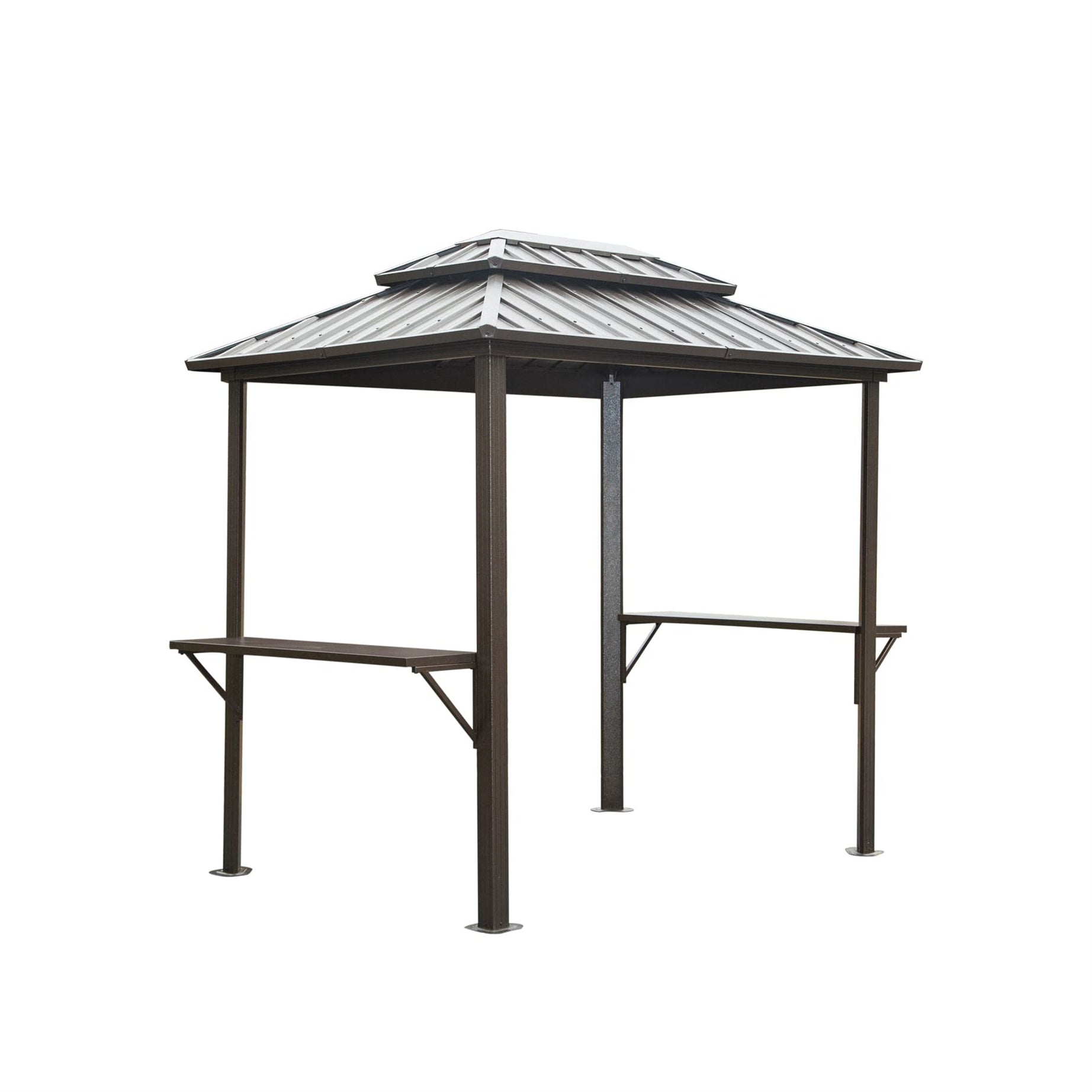 Grill Gazebo 8' × 6', Aluminum BBQ Gazebo Outdoor Metal Frame with Shelves Serving Tables, Permanent Double Roof Hard top Gazebos for Patio Lawn Deck Backyard and Garden (Brown)--1