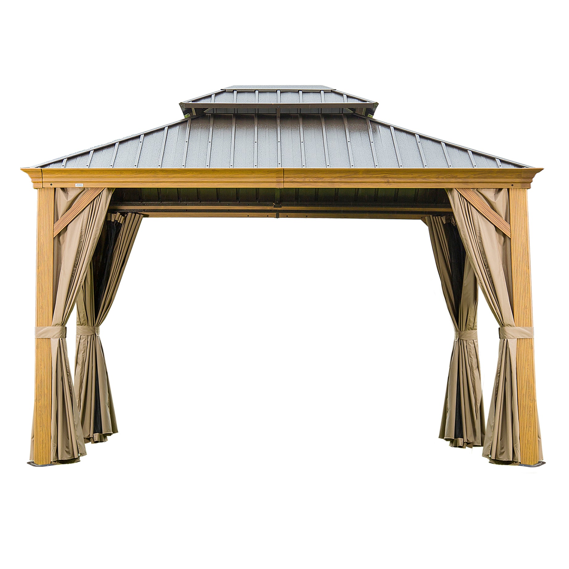 10'x12' Hardtop Gazebo, Wooden Coated Aluminum Frame Canopy with Galvanized Steel Double Roof, Outdoor Permanent Metal Pavilion with Curtains and Netting for Patio, Deck and Lawn(Wood-Looking)--1