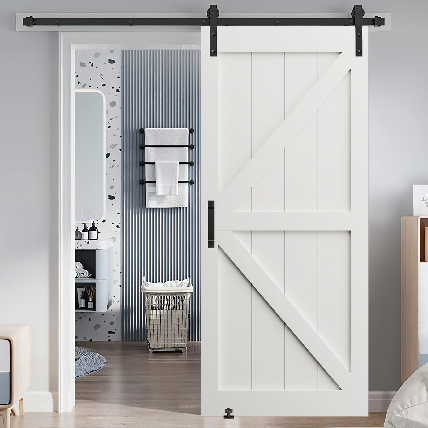 CRAZY ELF 28" x 84" "K" Style Real Primed Door Slab + 6.6FT Barn Door Sliding Hardware + Adjustable Floor Guider + Pull Handle, DIY Unfinished Paneled Door, Modern Interior Barn Door, Moisture-proof--1