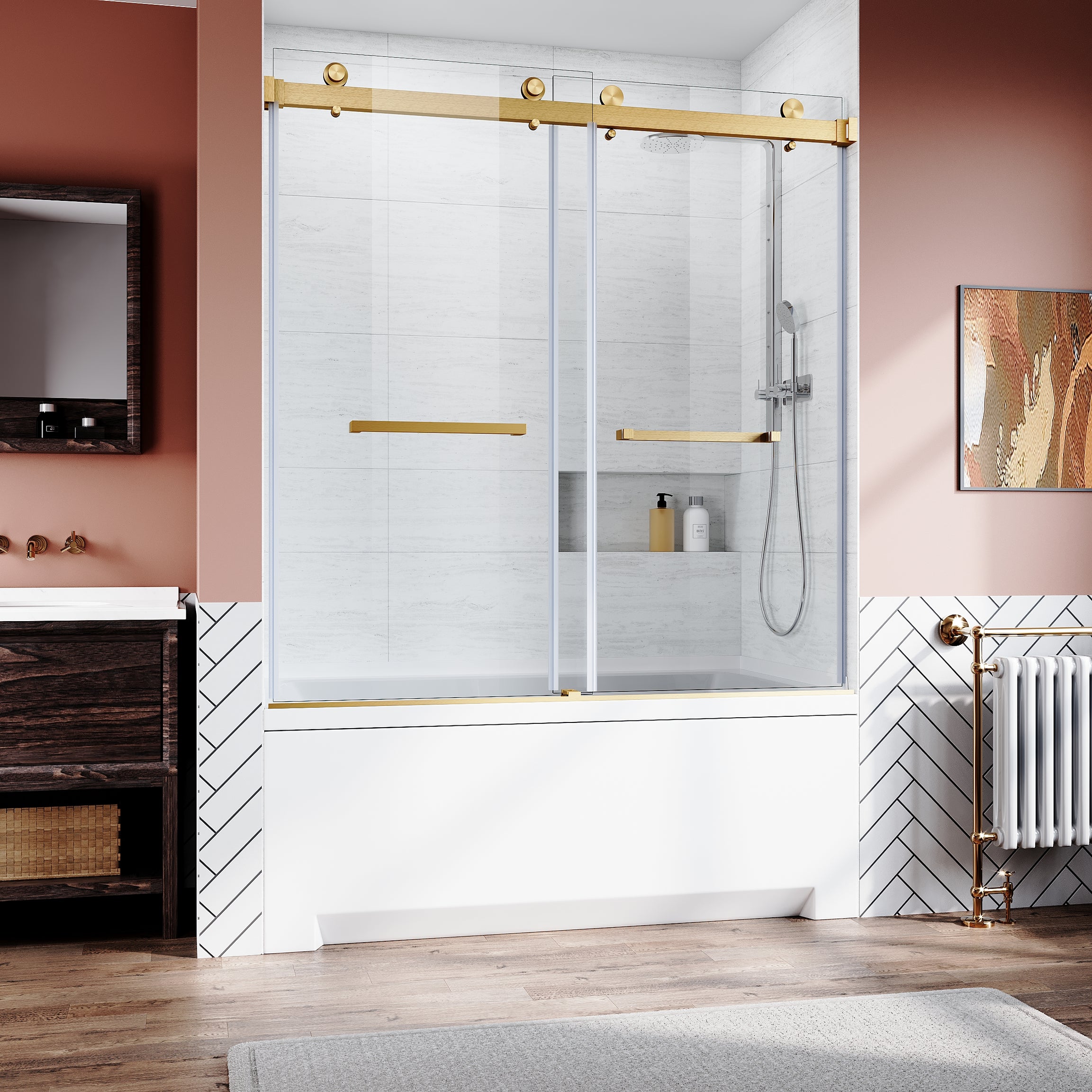 Frameless Sliding Bathtub Door 56-60 in.W x 62 in.H,Bypass Tub Glass Sliding Shower Doors,3/8"(10mm) Thick Clear Tempered Glass,Heavy Duty Stainless Steel Hardwares,2pcs Rectangle Handles,Brushed Gold--1