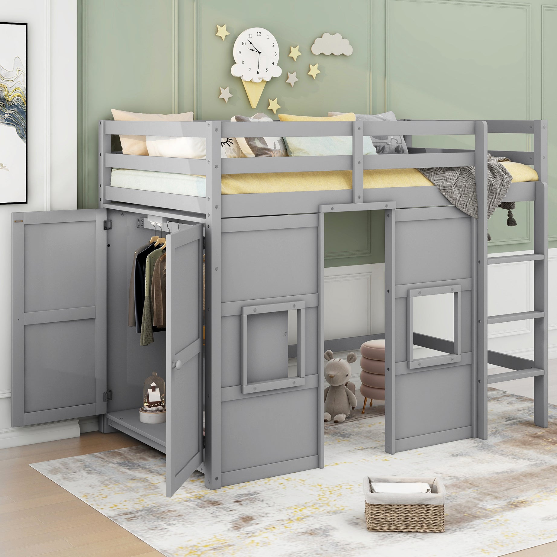 Wood Twin Size Loft Bed with Built-in Storage Wardrobe and 2 Windows, Gray--1