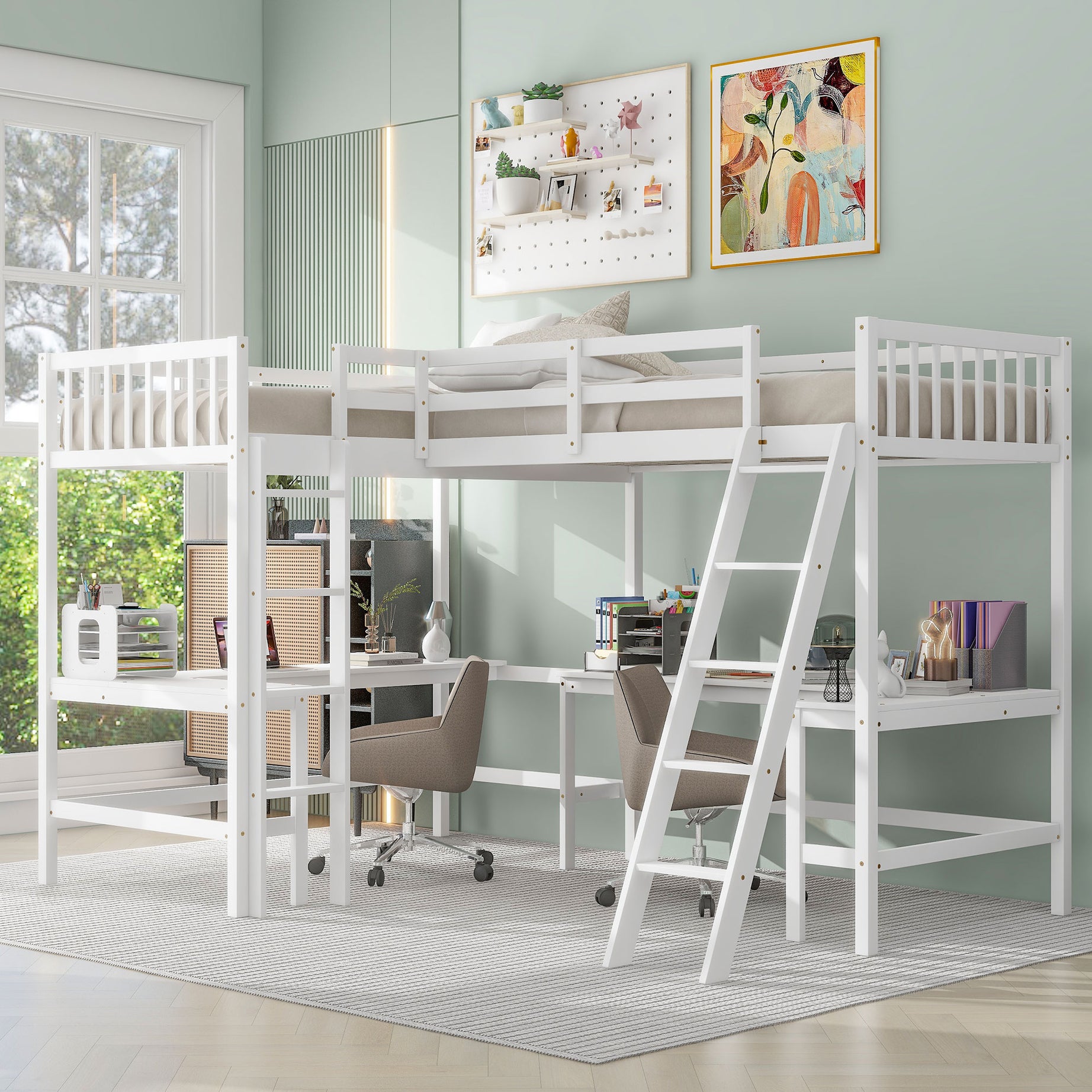 Wood Twin Size L-Shaped Loft Bed with Ladder and 2 Built-in L-Shaped Desks, White--1