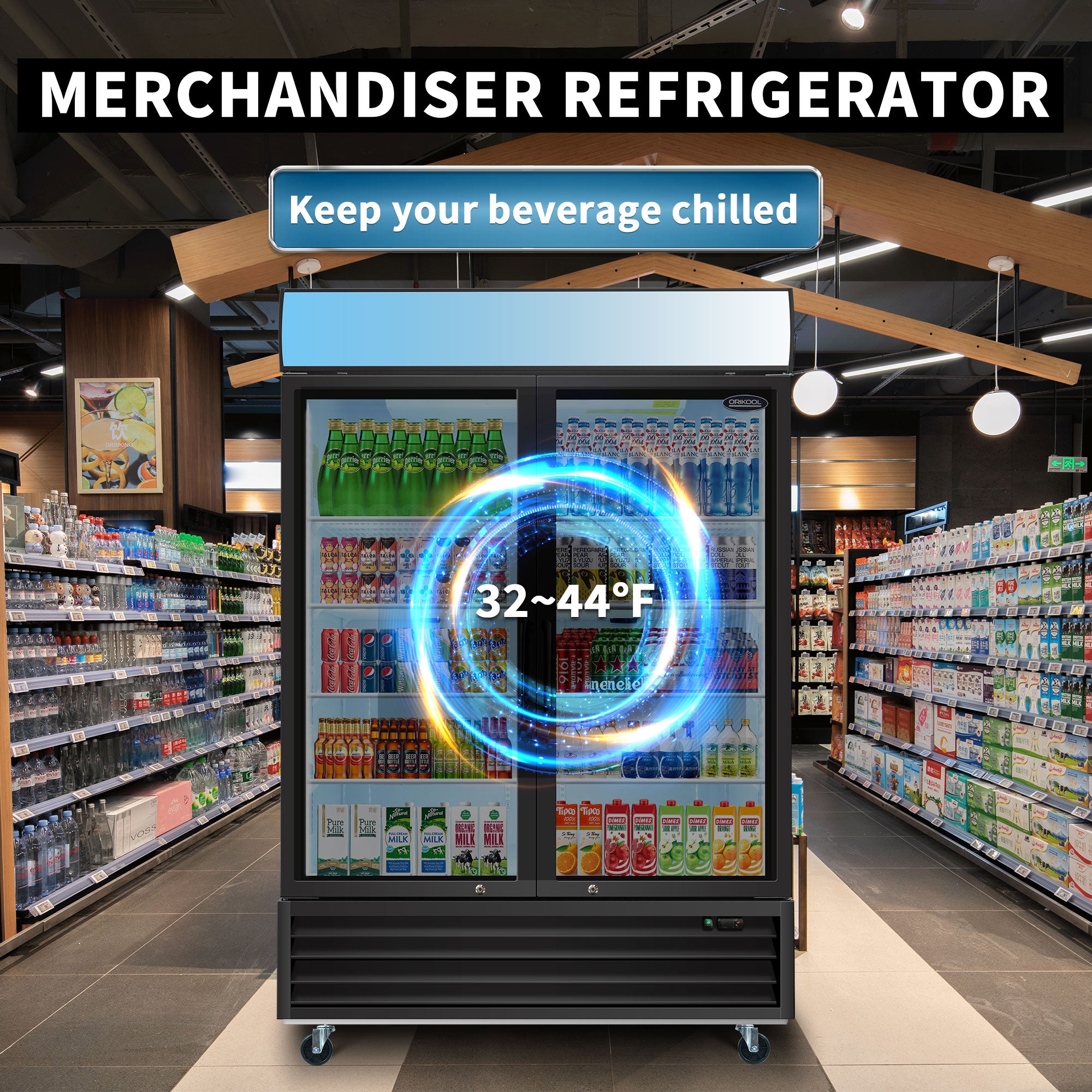 ORIKOOL Glass Door Merchandiser Refrigerator 44.7 Cu.ft Swing Door Commercial Display Refrigerators Merchandising Refrigeration with LED Top Panel--1