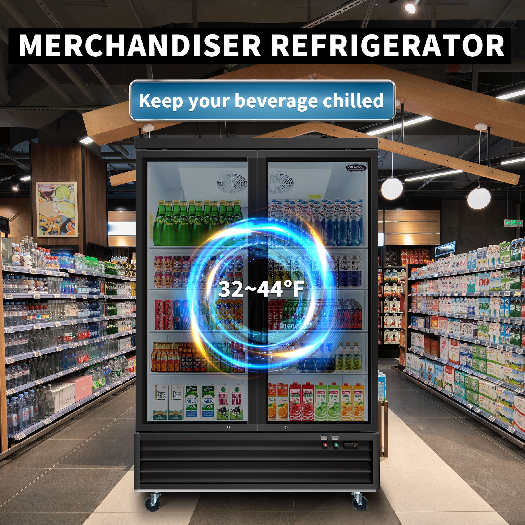 ORIKOOL Glass Door Merchandiser Refrigerator 44.7 Cu.ft Swing Door Commercial Display Refrigerators Merchandising Refrigeration--1