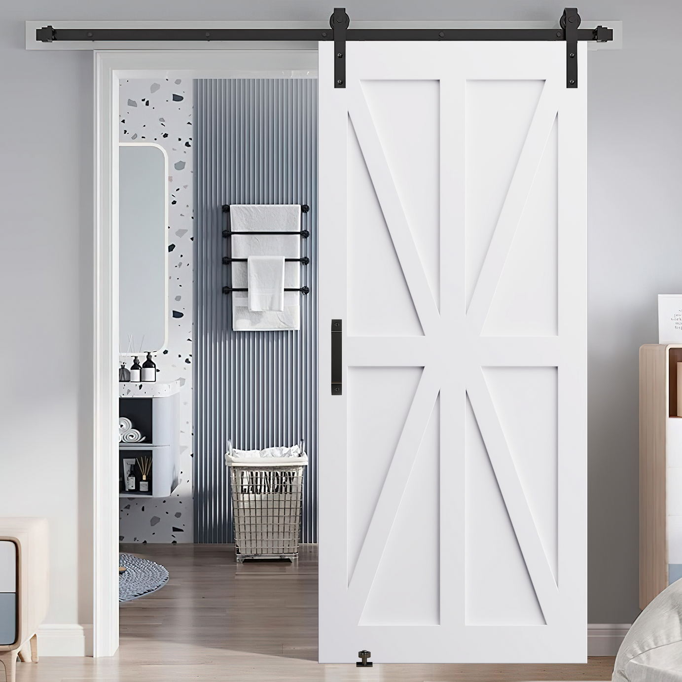 CRAZY ELF 32" x 84" Star Style Real Primed Door Slab + 6.6FT Barn Door Sliding Hardware + Adjustable Floor Guider + Pull Handle, DIY Unfinished Paneled Door, Modern Interior Barn Door, Moisture-proof--1