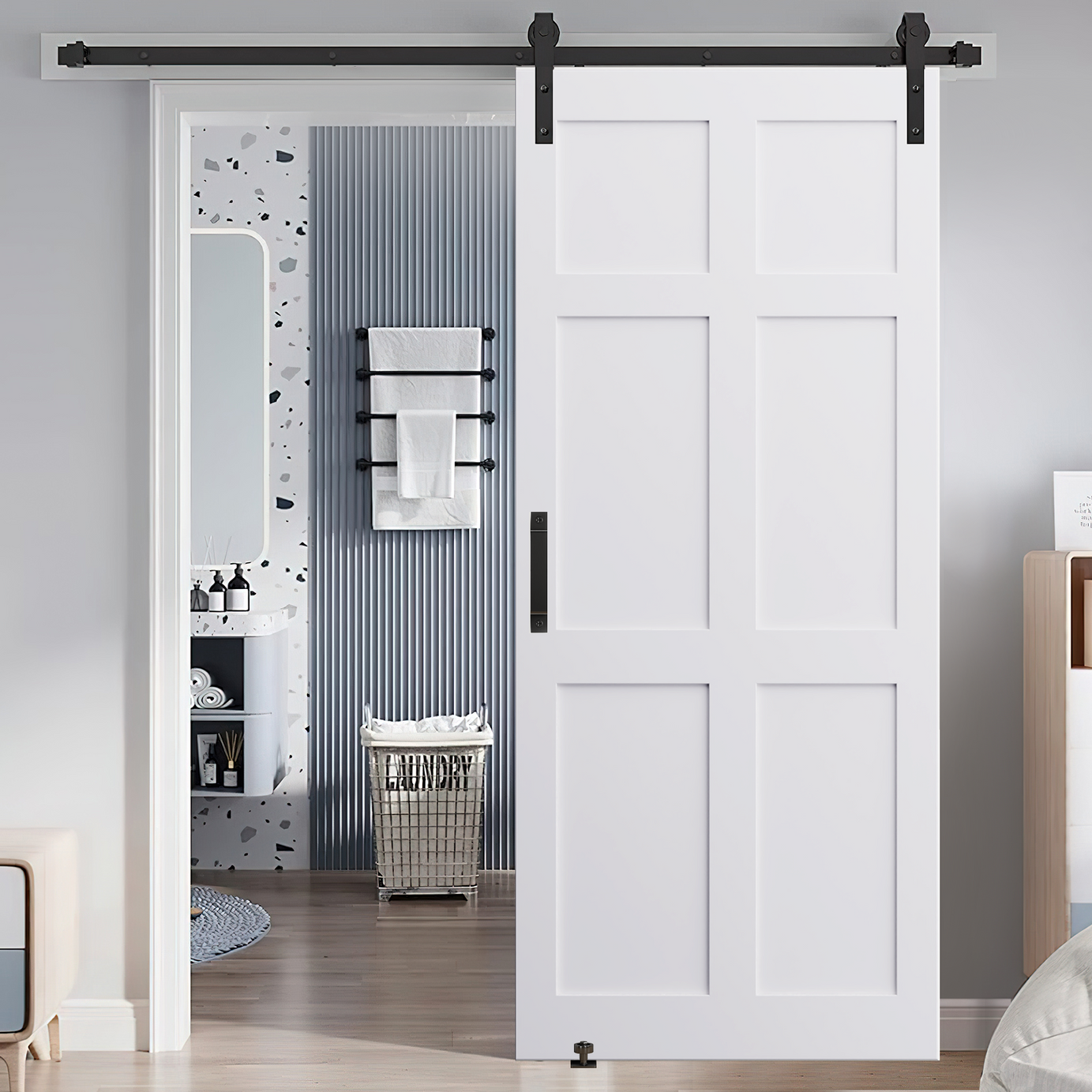 CRAZY ELF 24" x 80" Six Paneled Real Primed Door Slab + 6.6FT Barn Door Sliding Hardware + Adjustable Floor Guider + Pull Handle, DIY Unfinished Paneled Door, Modern Interior Barn Door, Water-proof--1