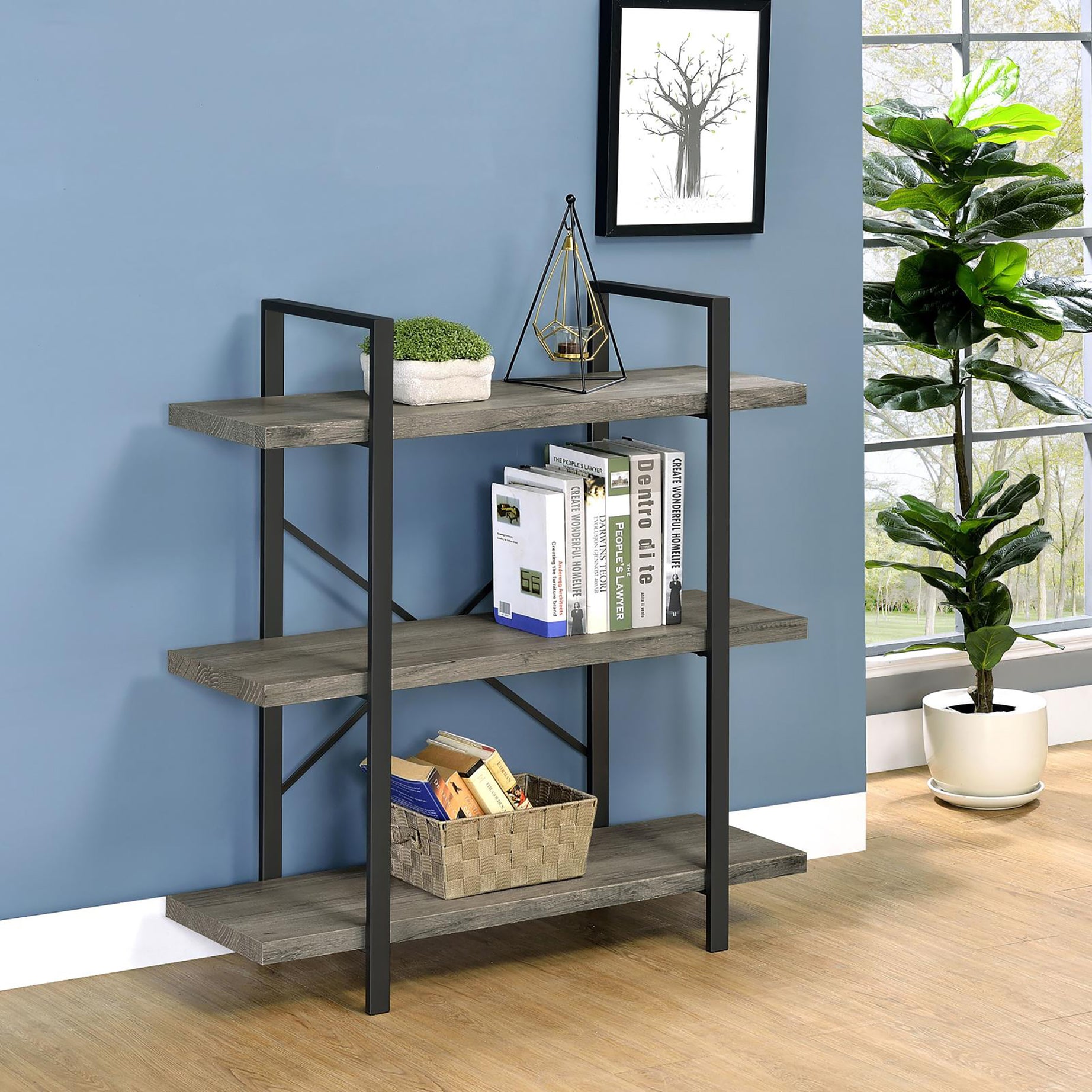 Grey Driftwood and Gunmetal 3-tier Bookcase--1