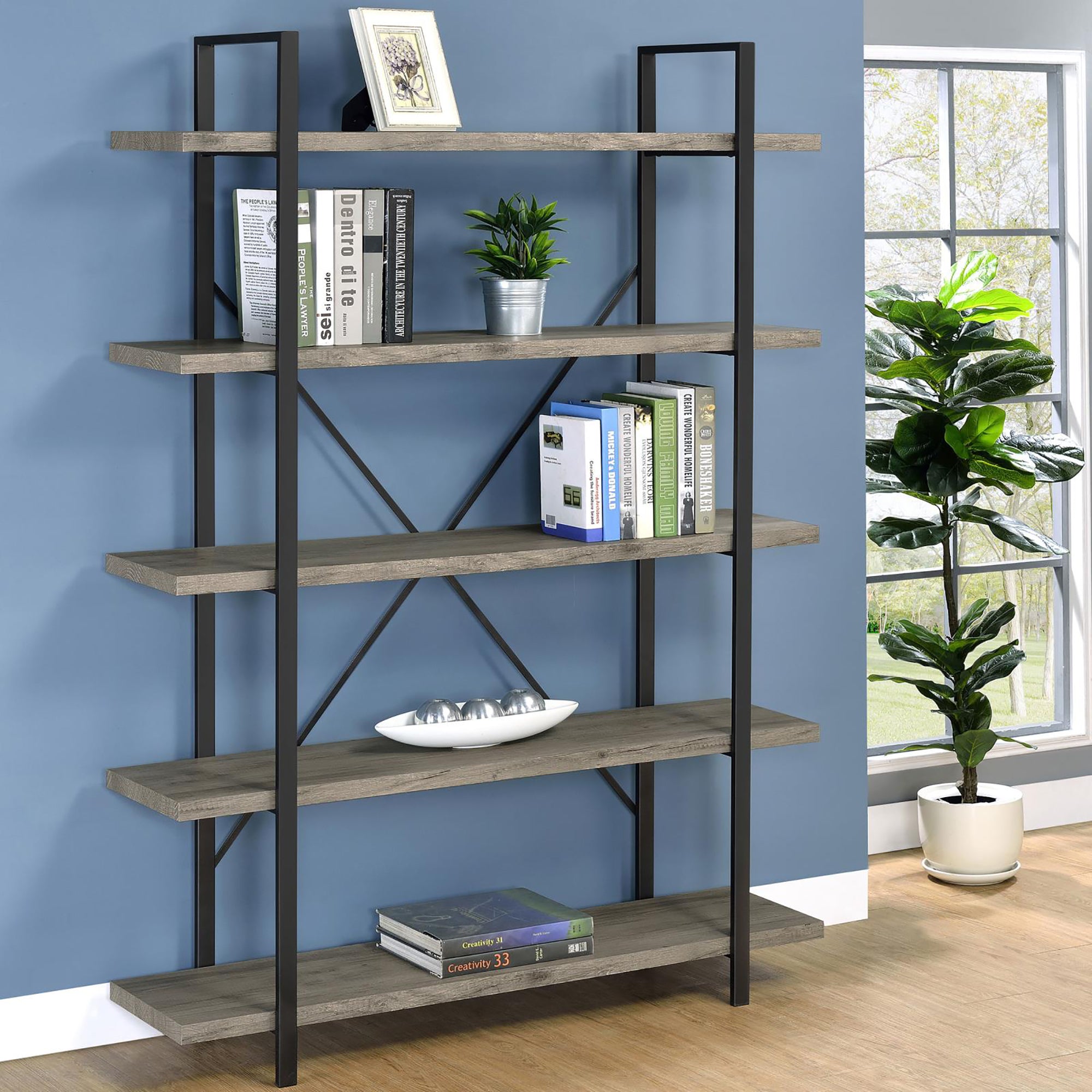 Grey Driftwood and Gunmetal 5-tier Bookcase--1