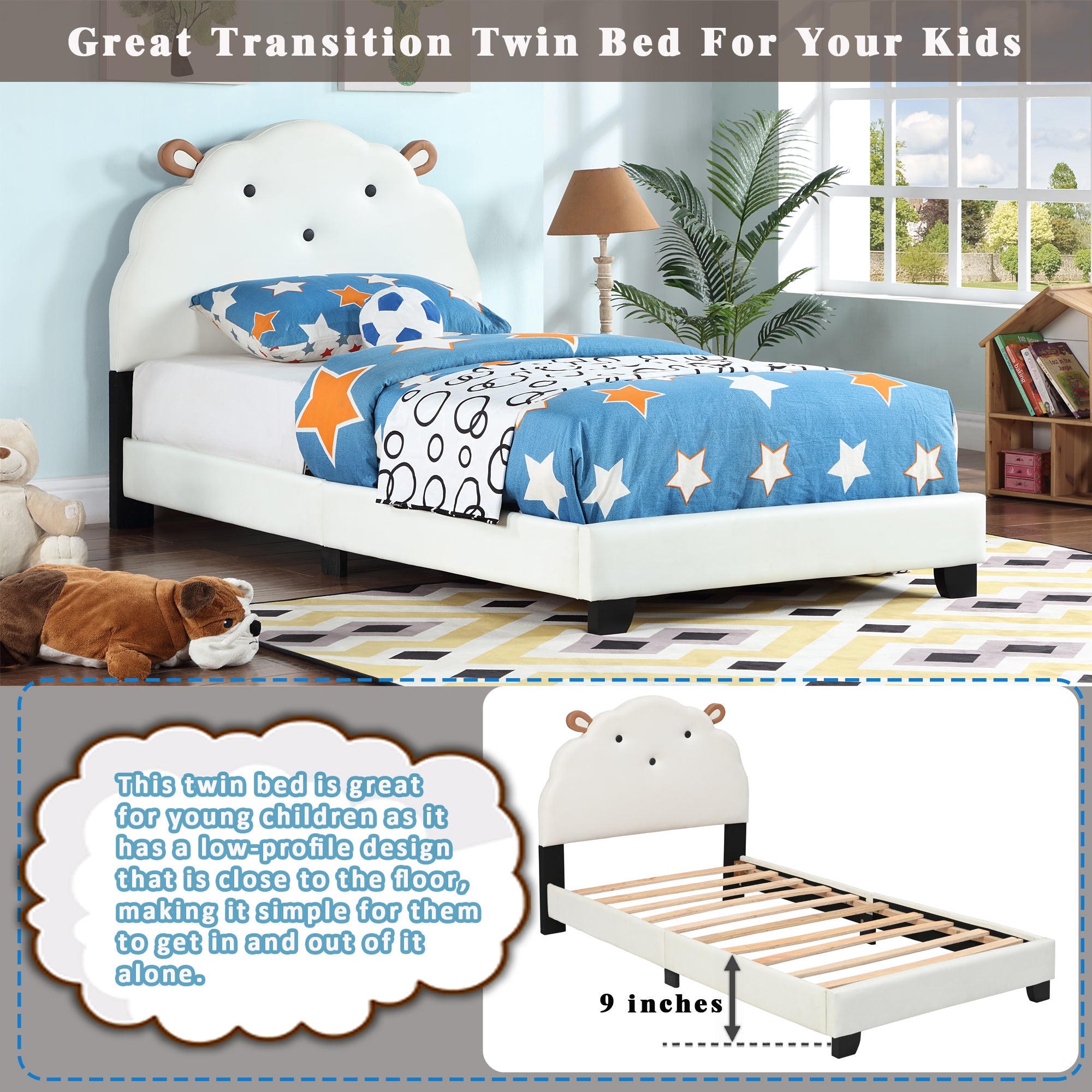 Upholstered Twin Size Platform Bed for Kids, Wooden Bed Frame with Slatted Bed Base, No Box Spring Needed, Cute Bed Frame with Sheep Design Headboard for Girls Boys Teens, White--3