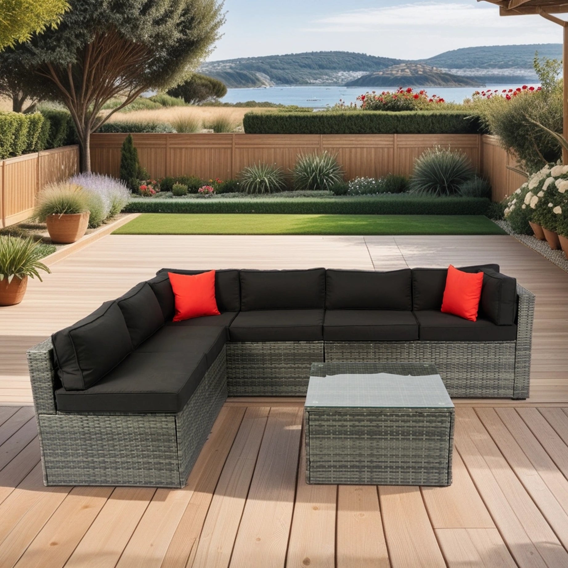 5 Pieces PE Rattan sectional Outdoor Furniture Cushioned U Sofa set with 2 Pillow Grey wicker + Black Cushion--1