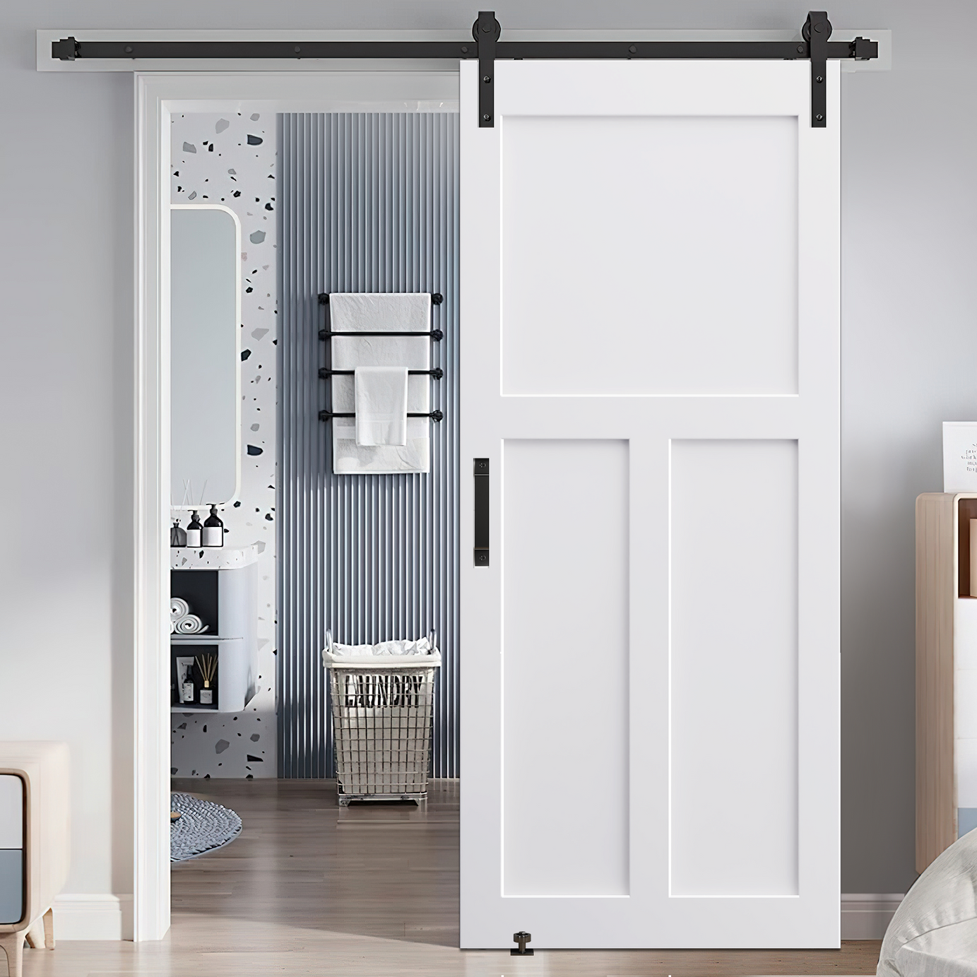 CRAZY ELF 36" x 80" "T" Style Real Primed Door Slab + 6.6FT Barn Door Sliding Hardware + Adjustable Floor Guider + Pull Handle, DIY Unfinished Paneled Door, Modern Interior Barn Door, Moisture-proof--1