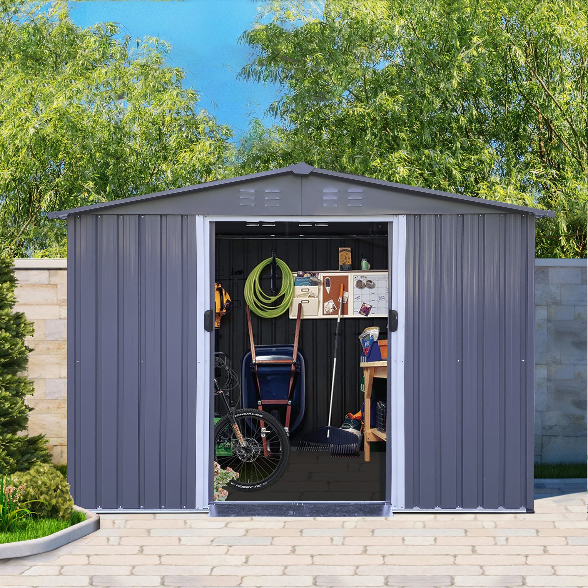 Outdoor Storage Shed 8 x 6 FT Large Metal Tool Sheds, Heavy Duty Storage House with Sliding Doors with Air Vent for Backyard Patio Lawn to Store Bikes, Tools, Lawnmowers Dark Grey--1