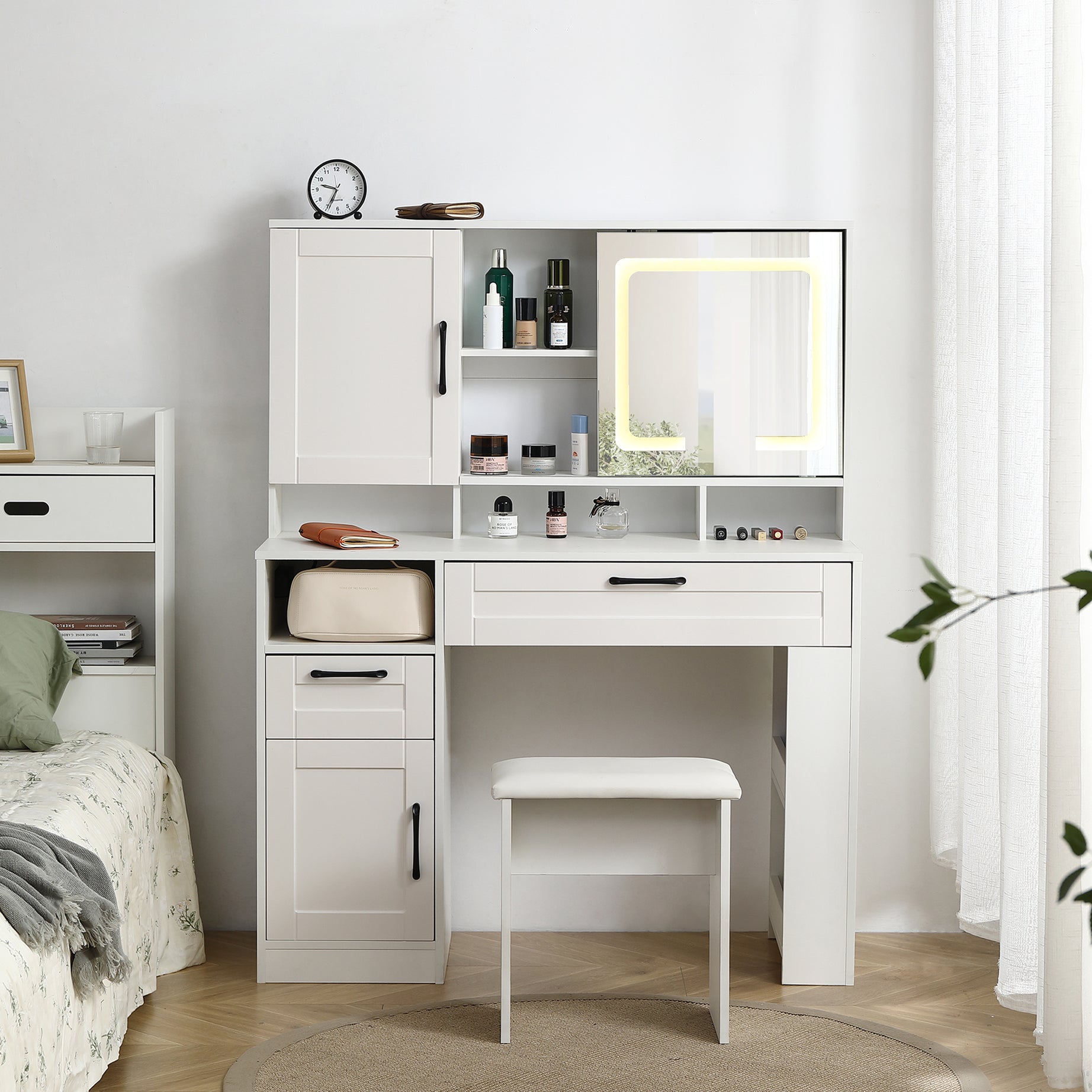 Vanity table with large sliding lighted mirror, dressing table with 2 drawers, storage shelves and upholstered stool, white color--1