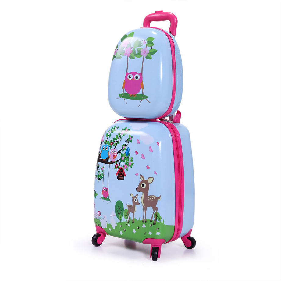 2 PCS Kids Luggage Set, 12" Backpack and 16" Spinner Case with 4 Universal Wheels, Travel Suitcase for Boys Girls, Light Blue with Animal Patterns--1