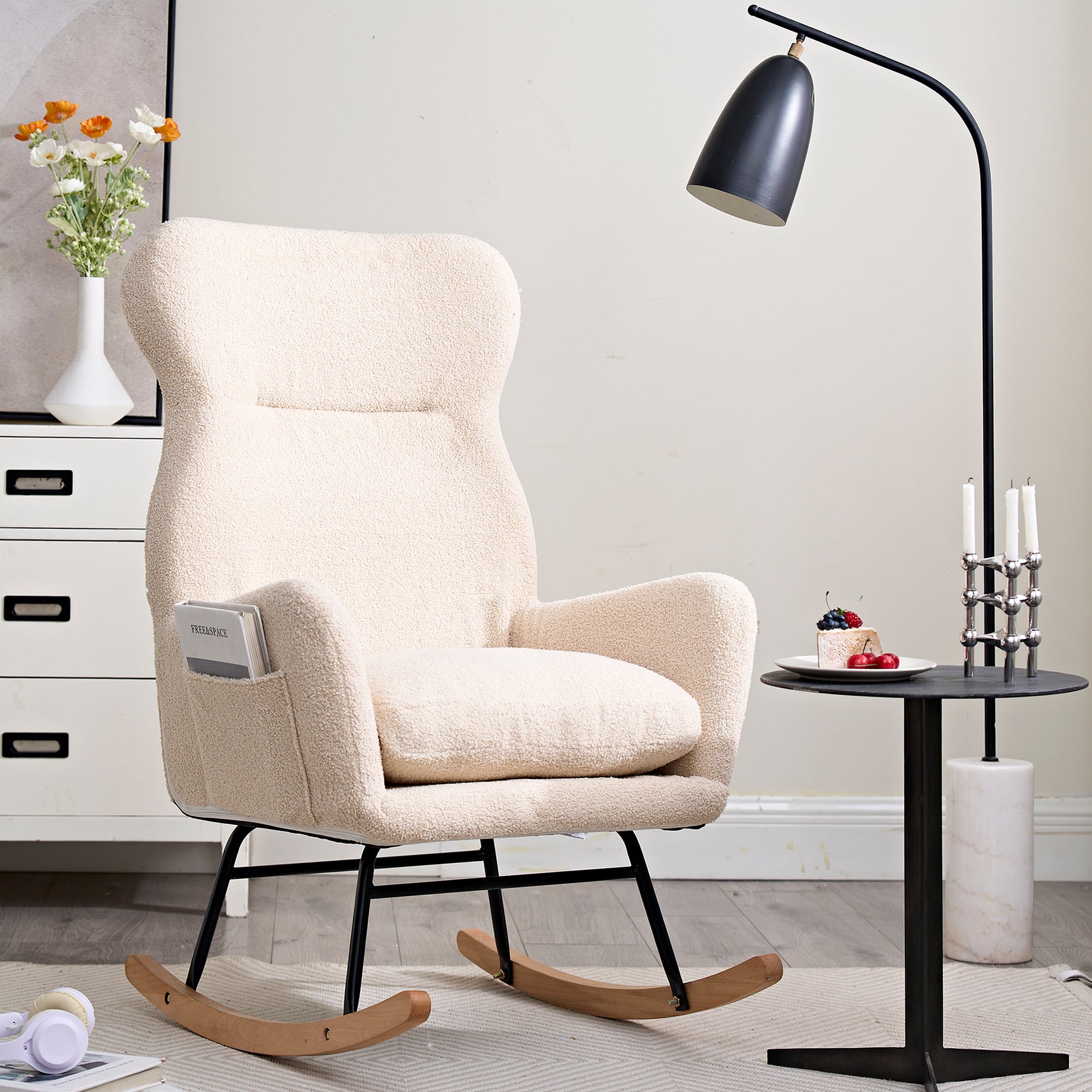 Modern Rocking Chair with High Backrest,Teddy Material Comfort Arm Rocker, Lounge Armchair for Living Room--1