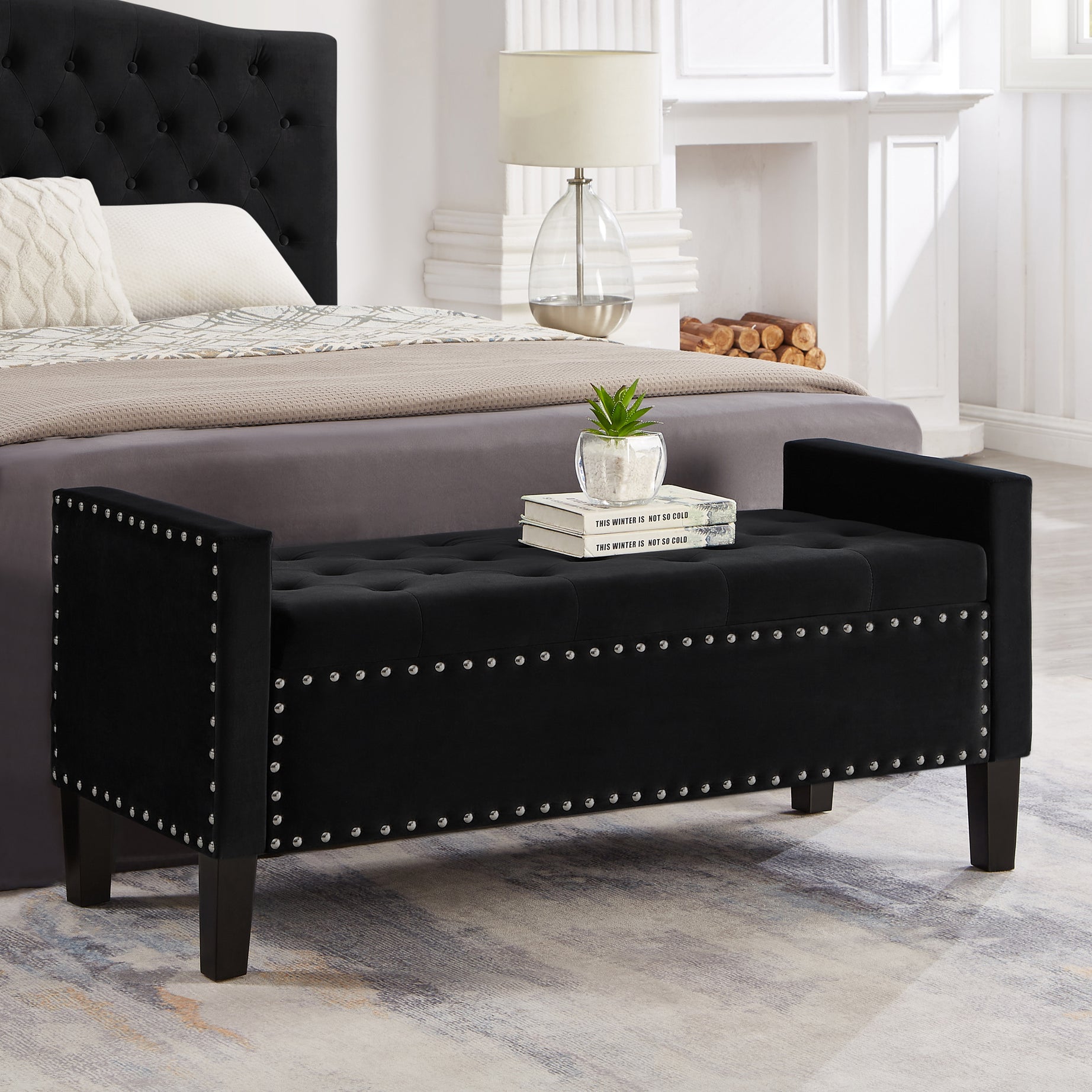 Upholstered Tufted Button Storage Bench with nails trim,Entryway Living Room Soft Padded Seat with Armrest,Bed Bench-Black--1