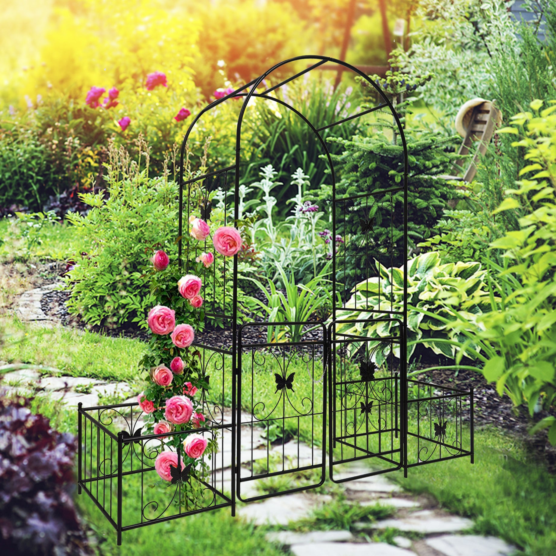 Metal Garden Arch with Gate 79.5'' Wide x 86.6'' High Climbing Plants Support Rose Arch Outdoor Black--1