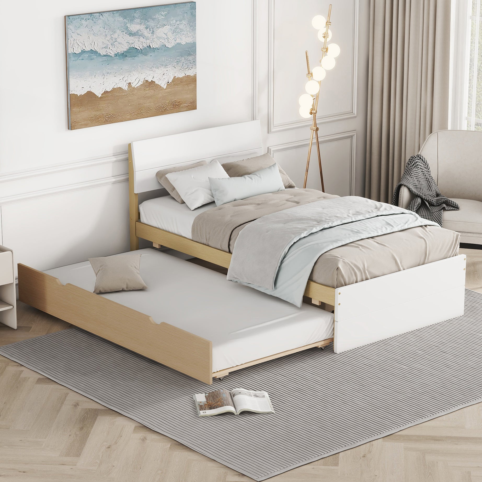 Modern Twin Bed Frame For White High Gloss Headboard and Footboard With Light Oak Trundle--1