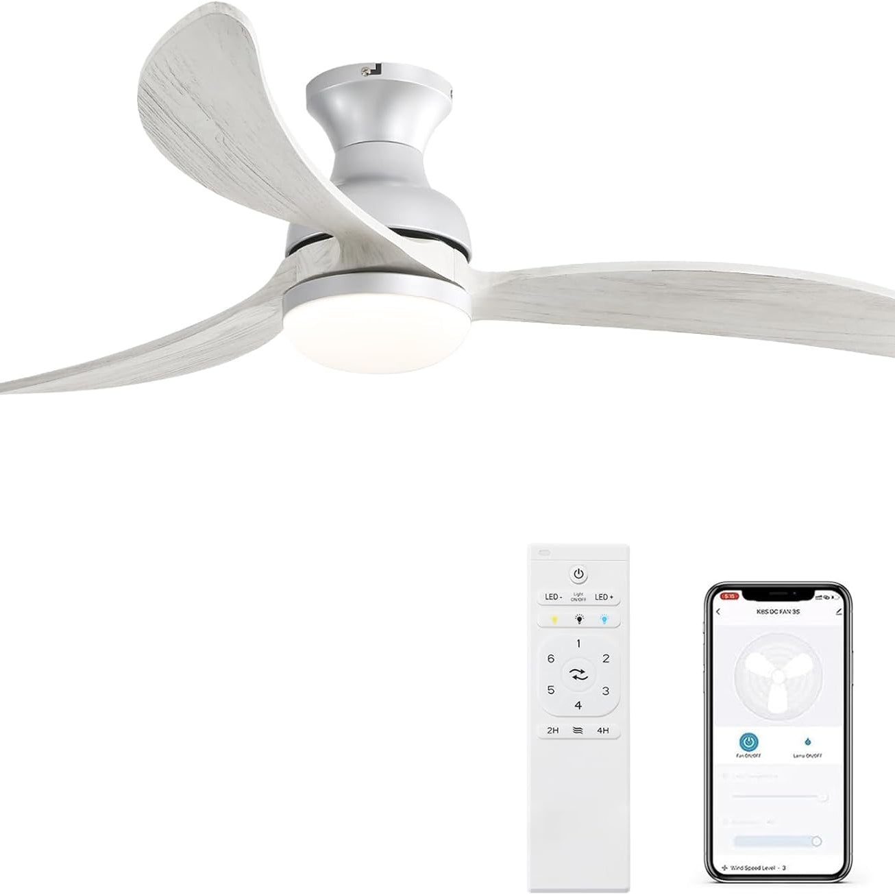 52 Inch Flush Mount Ceiling Fan With 3 Color Dimmable Solid Wood Blades Remote Control Reversible DC Motor For Bedroom--1