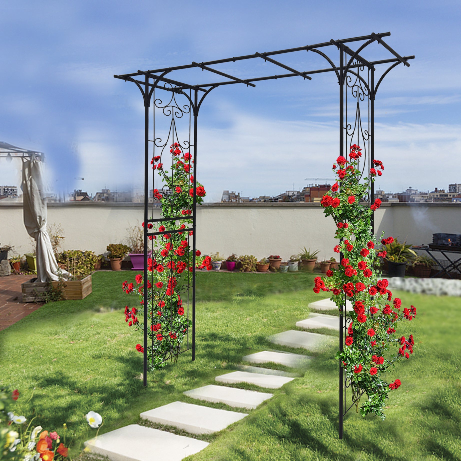 Metal Garden Arch L80.3'' x W20.47'' x H81.1'' Climbing Plants Support Rose Arch Outdoor Black--1