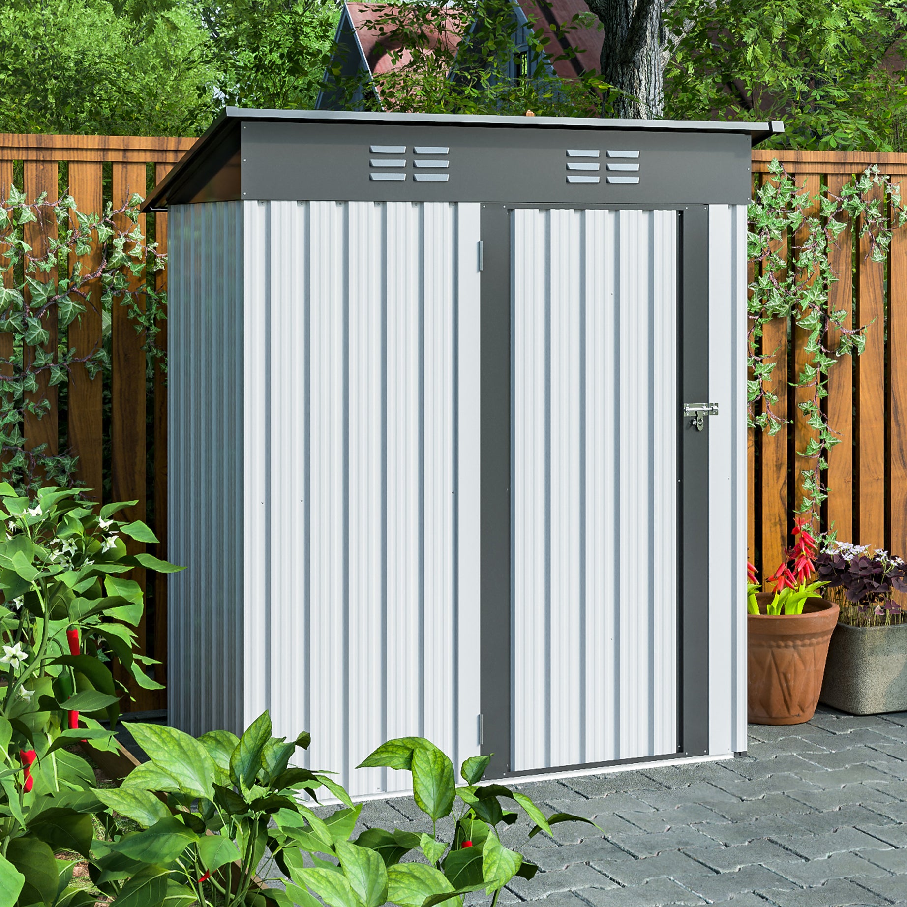 5 X 3 Ft Outdoor Storage Shed, Galvanized Metal Garden Shed With Lockable Doors, Tool Storage Shed For Patio Lawn Backyard Trash Cans--1