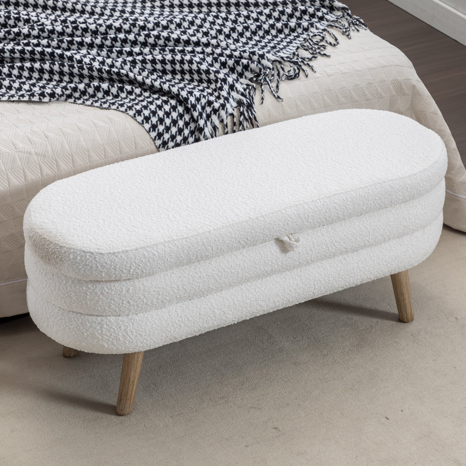 036-Boucle Fabric Storage Bench Bedroom Bench With Wood Legs For Living Room Bedroom Indoor,Ivory--1