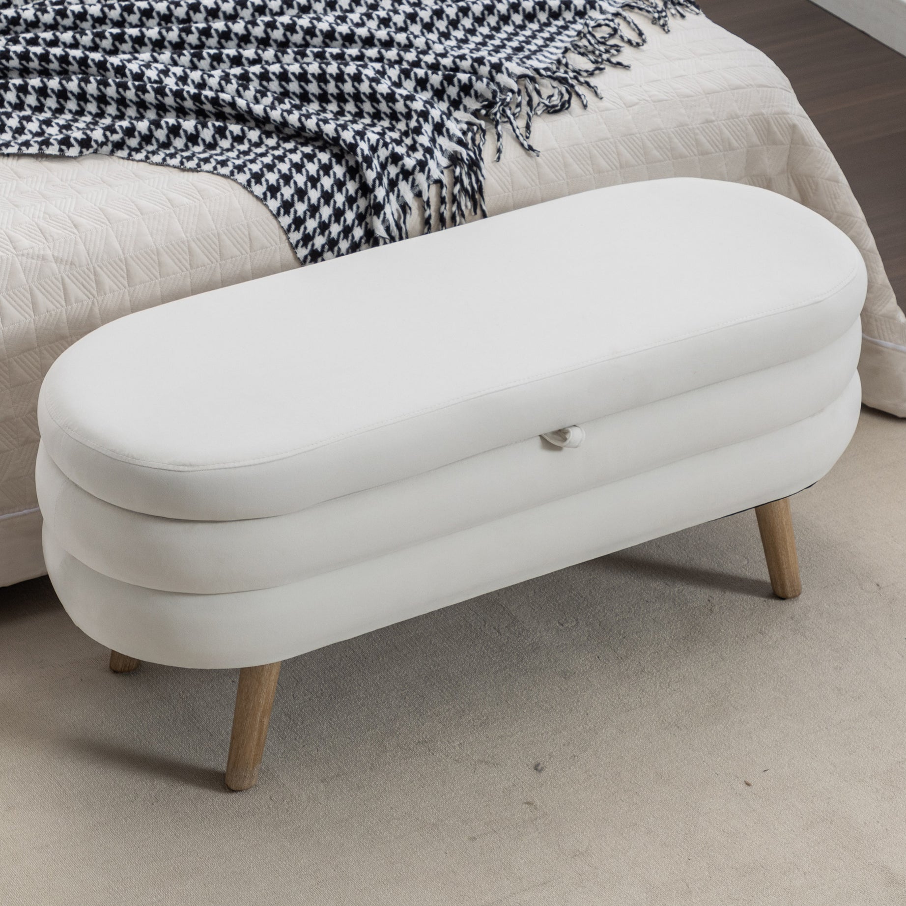 036-Velvet Fabric Storage Bench Bedroom Bench With Wood Legs For Living Room Bedroom Indoor,Ivory--1