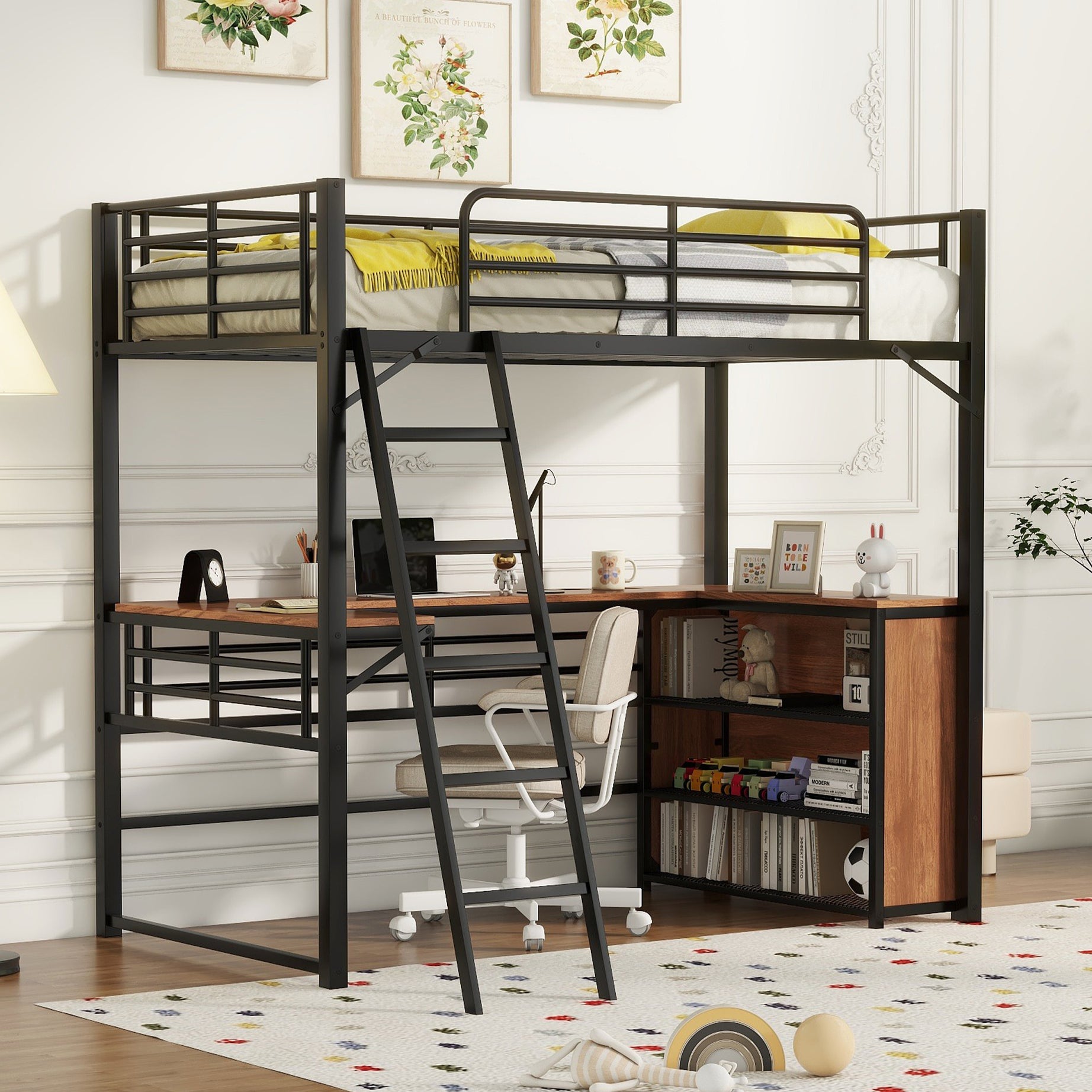 Twin Size Metal Loft Bed with 3 Layers of Shelves and L-shaped Desk, Black--1