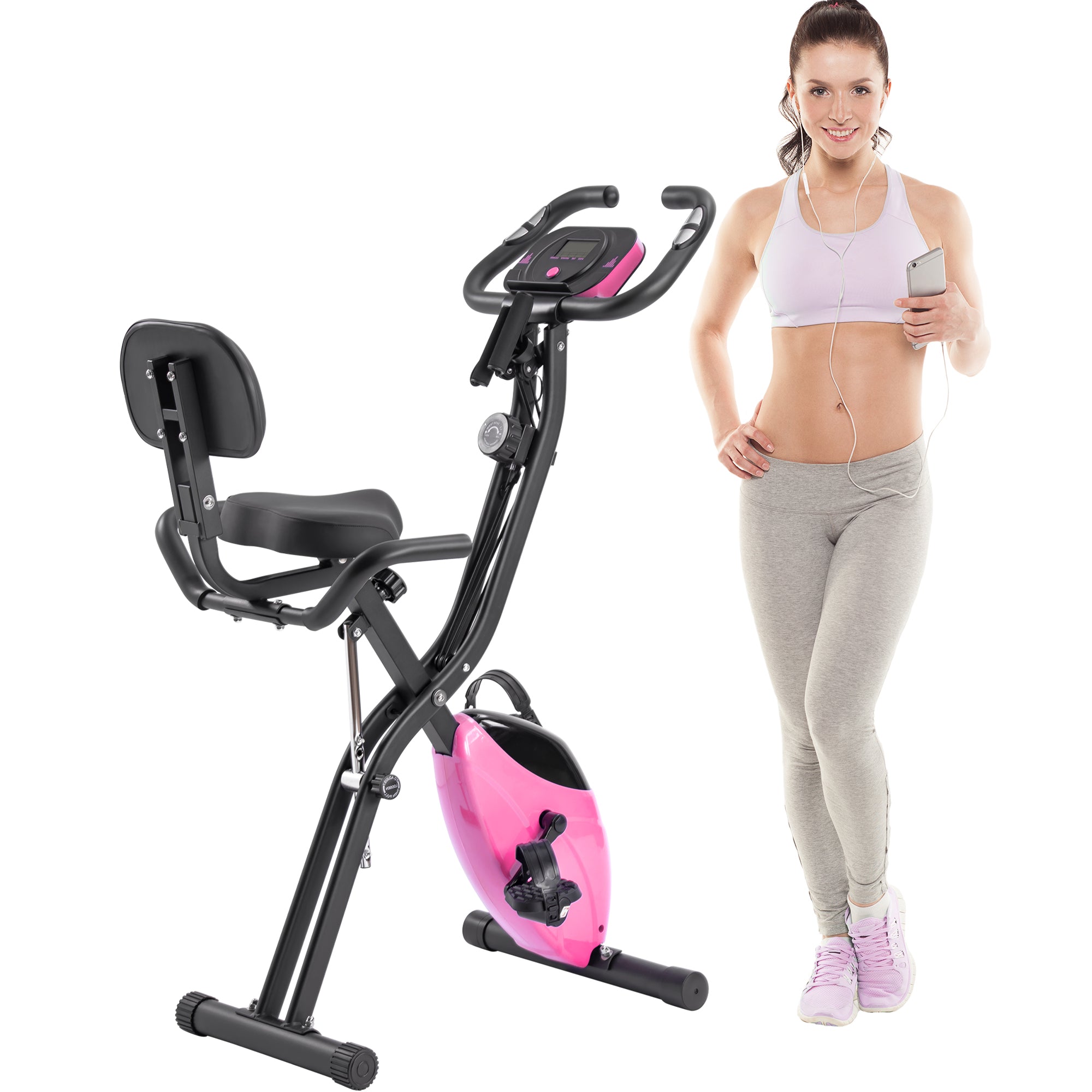 Folding Exercise Bike, Fitness Upright and Recumbent X-Bike with 16-Level Adjustable Resistance, Arm Bands and Backrest--1