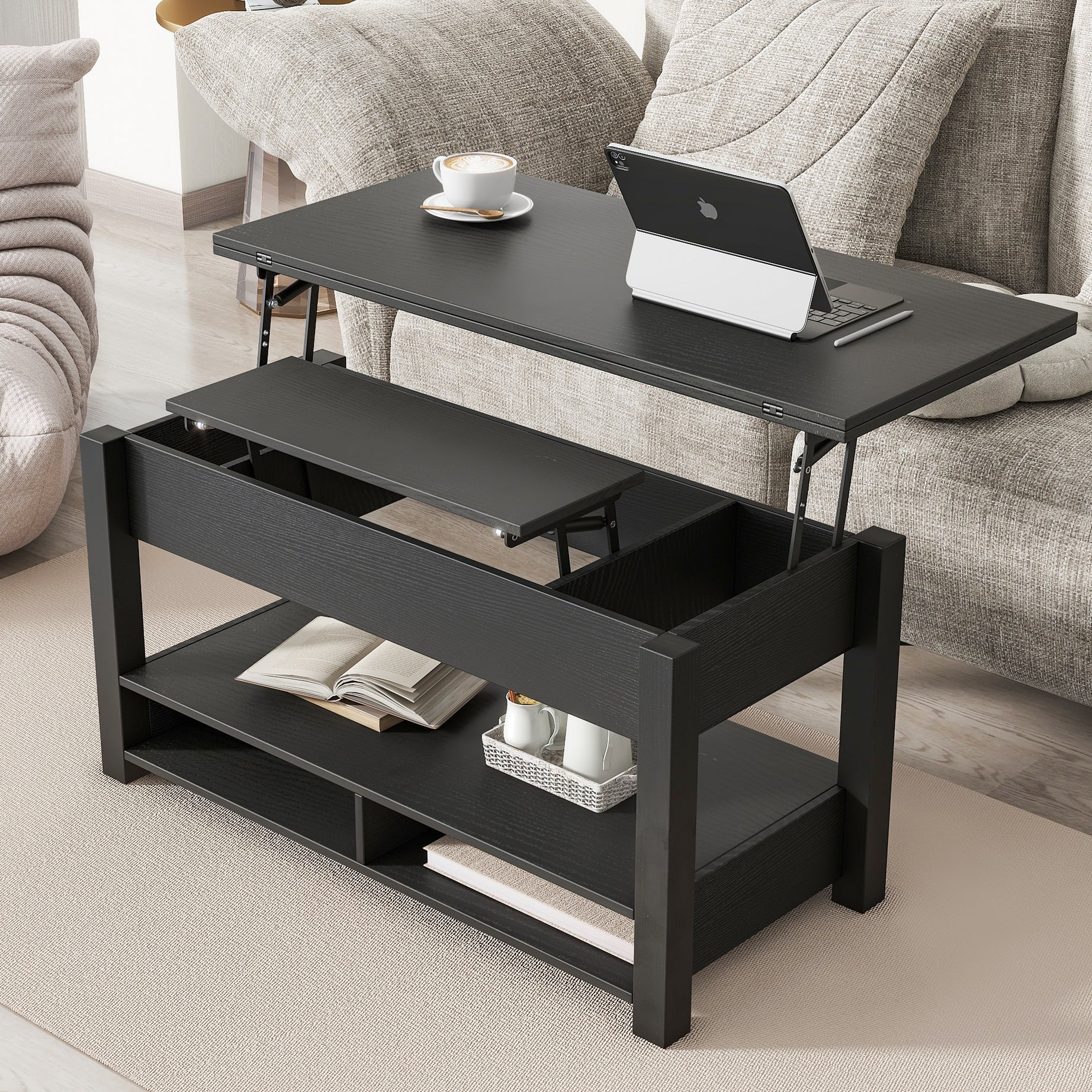 [VIDEO provided] ON-TREND Lift Top Coffee Table, Multi-Functional Coffee Table with Open Shelves, Modern Lift Tabletop Dining Table for Living Room, Home Office, Black--1