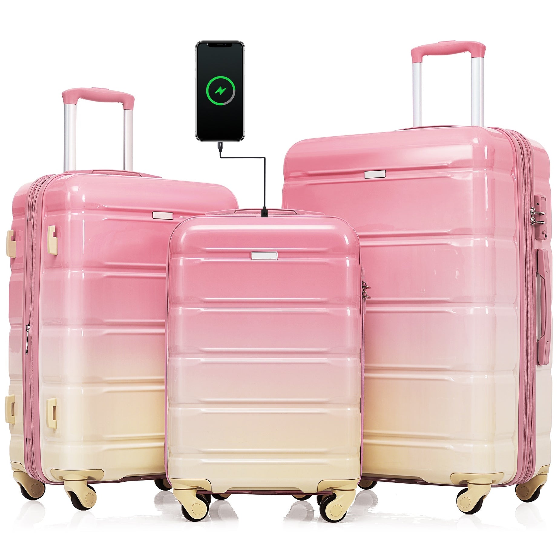 Luggage Set of 3, 20-inch with USB Port, Airline Certified Carry-on Luggage with Cup Holder, ABS+PC Hard Shell Luggage with Spinner Wheels, Gradient Pink--1