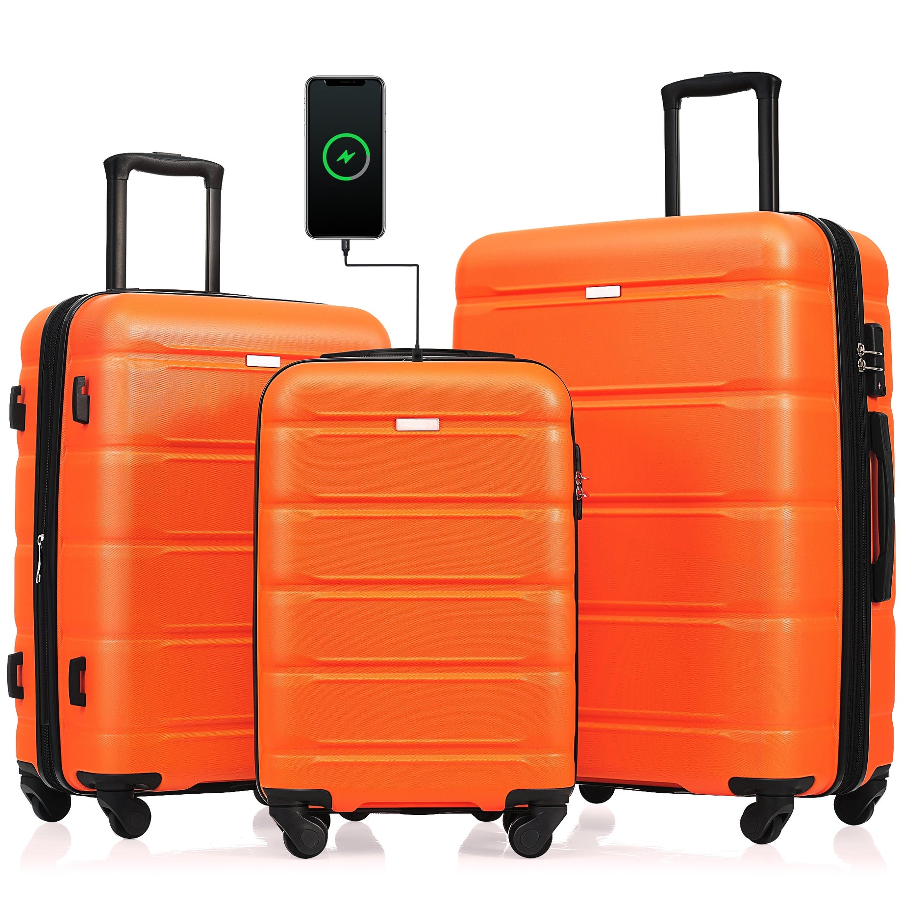 Luggage Set of 3, 20-inch with USB Port, Airline Certified Carry-on Luggage with Cup Holder, ABS Hard Shell Luggage with Spinner Wheels, orange--1