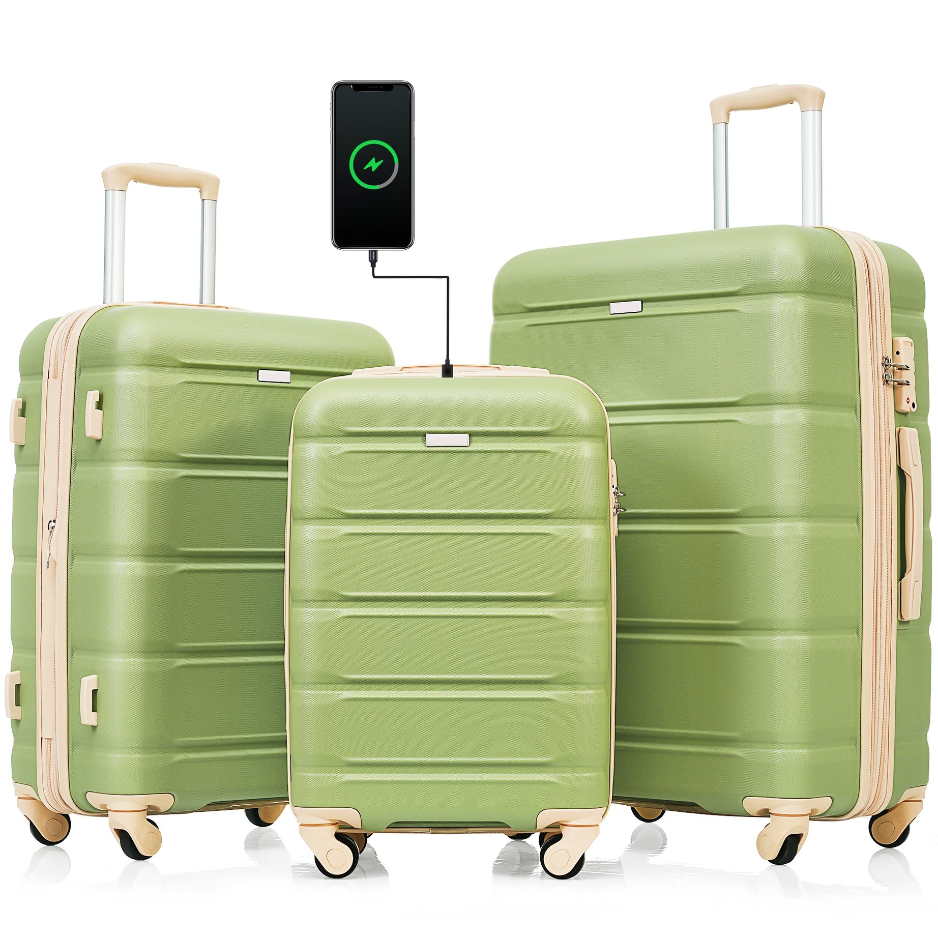 Luggage Set of 3, 20-inch with USB Port, Airline Certified Carry-on Luggage with Cup Holder, ABS Hard Shell Luggage with Spinner Wheels, light green--1