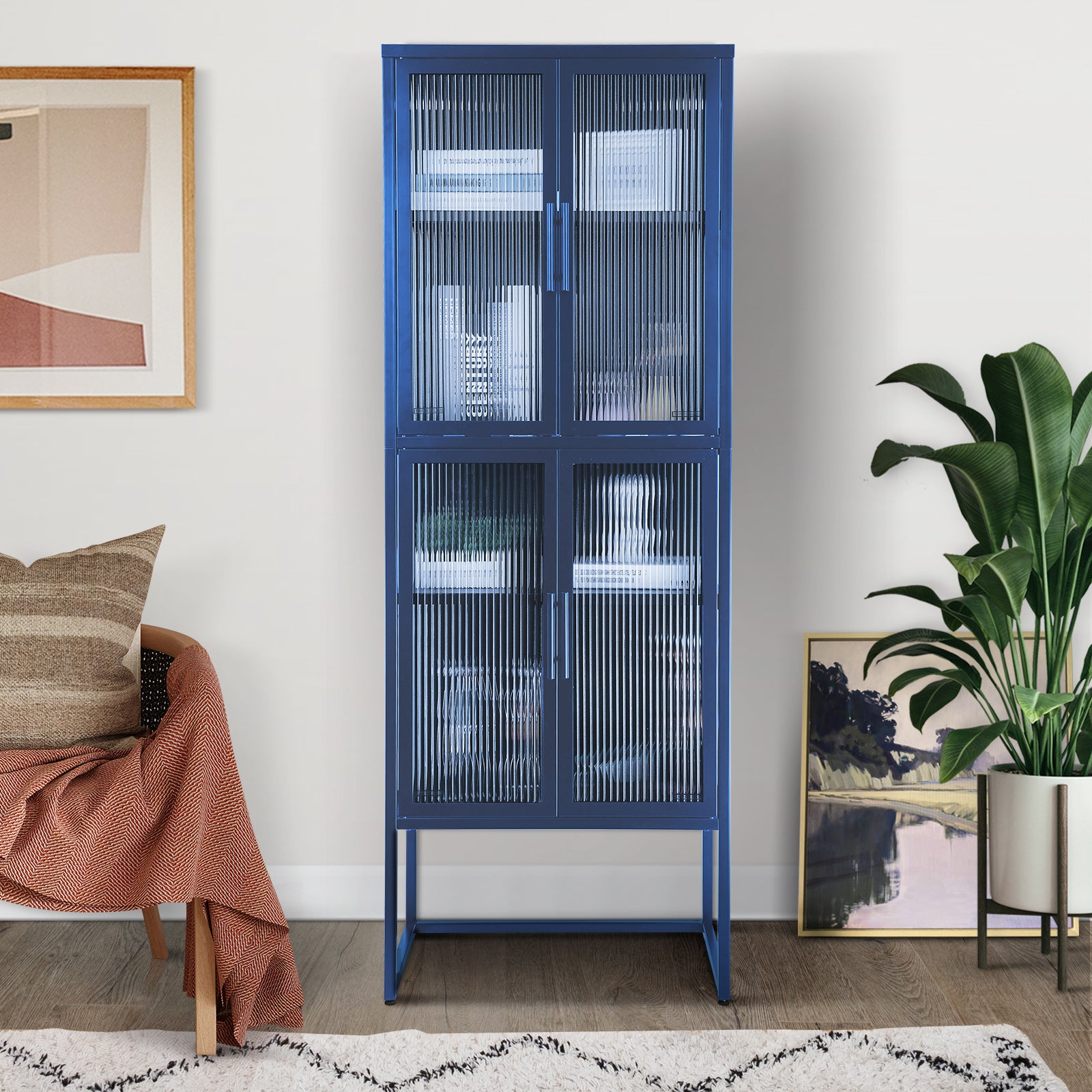 Stylish 4-Door Tempered Glass Cabinet with 4 Glass Doors Adjustable Shelves U-Shaped Leg Anti-Tip Dust-free Fluted Glass Kitchen Credenza Blue--1